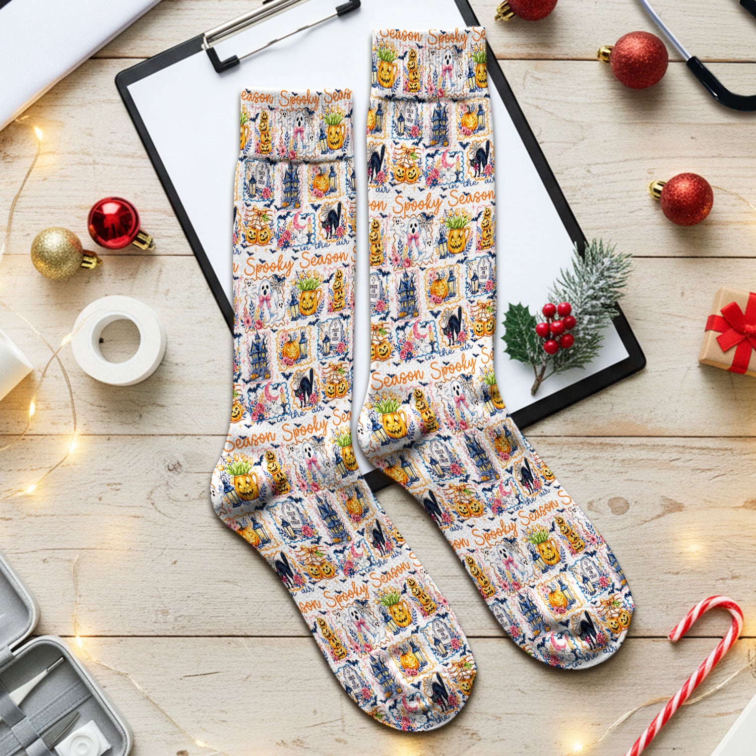 Spooky Halloween Pumpkin Ghost Pattern Socks, Adult Socks for Men and Women