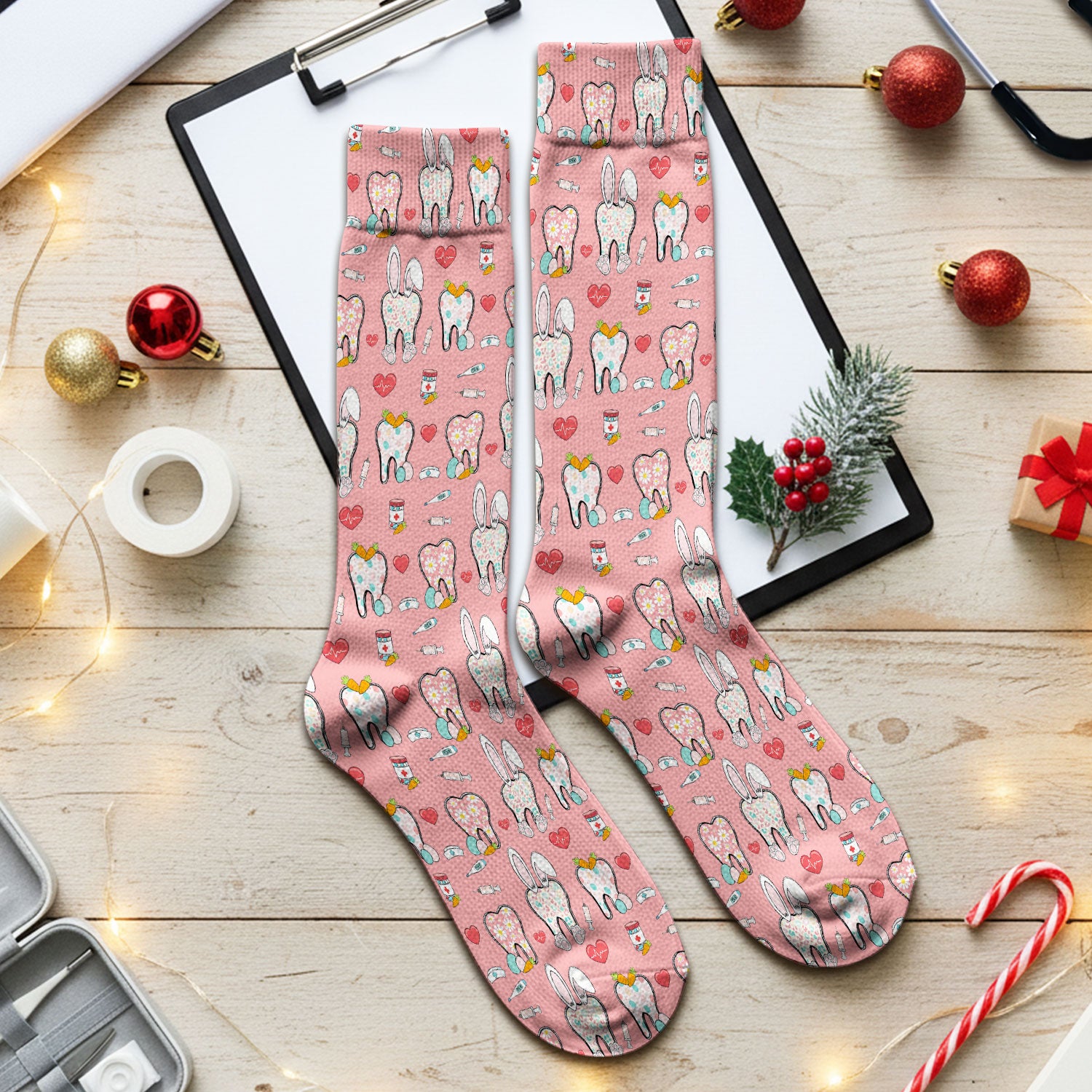 Playful Bunny Dentist Illustration Medical Socks, Adult Socks for Men and Women