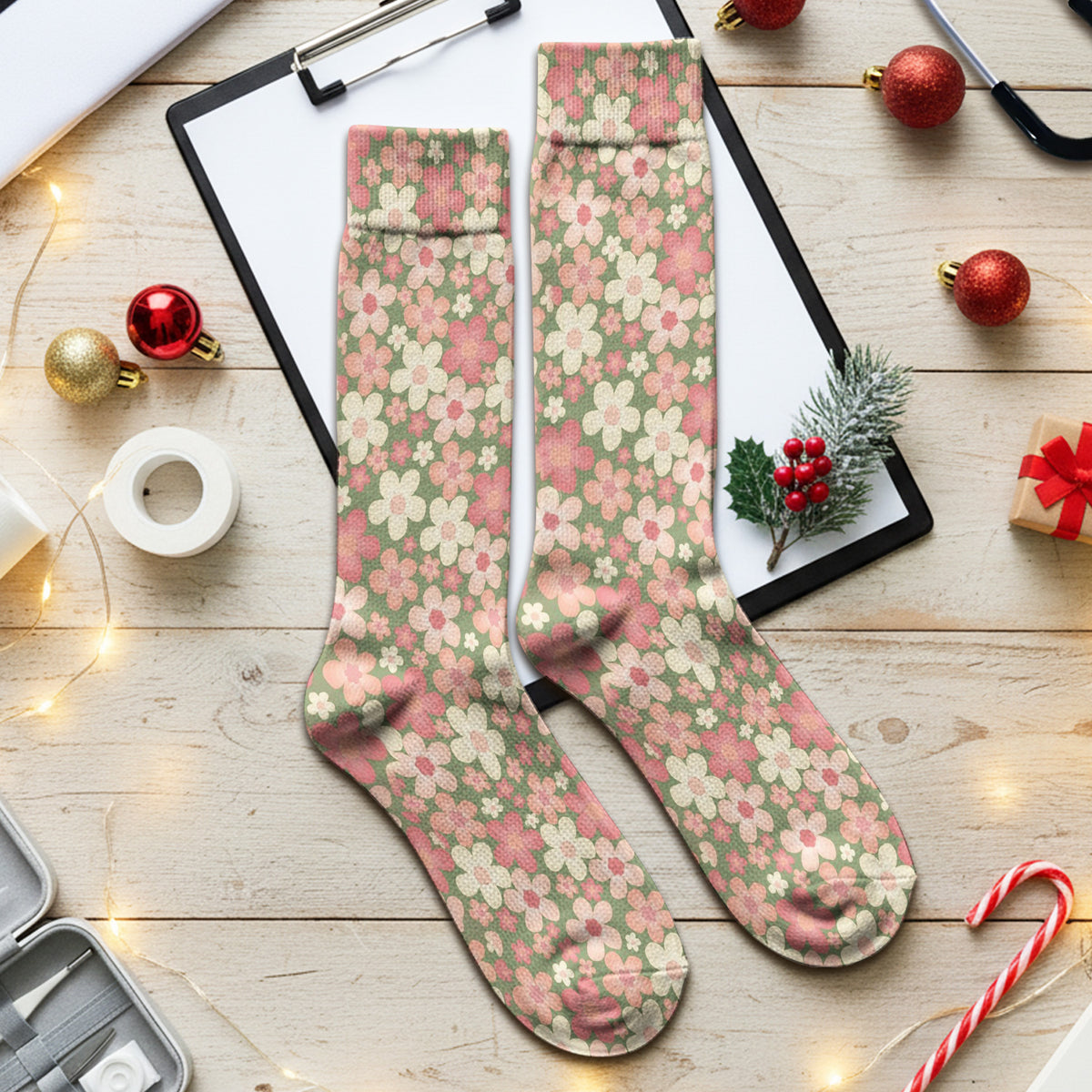 Retro Floral Print Socks, Adult Socks for Men and Women