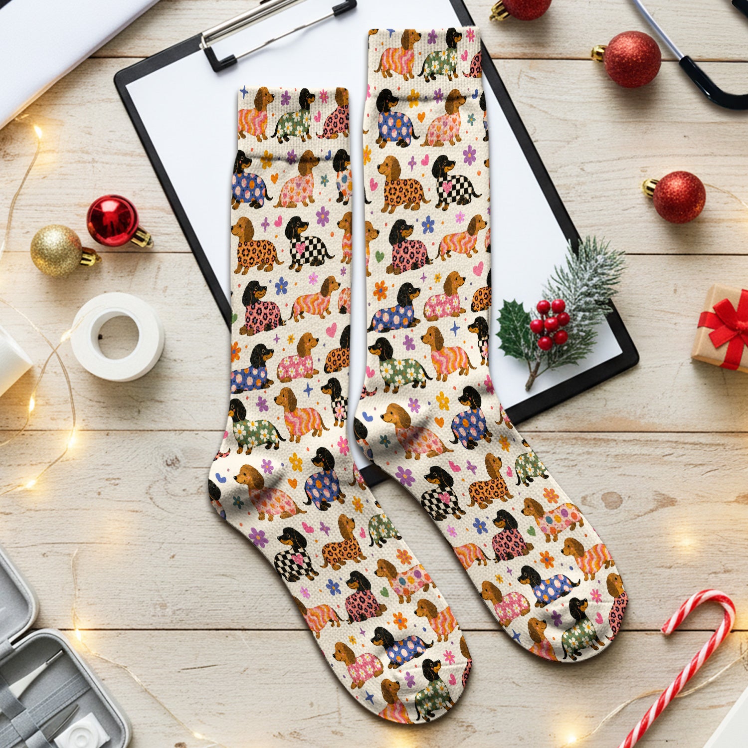 Floral Dachshund Print Socks, Adult Socks for Men and Women