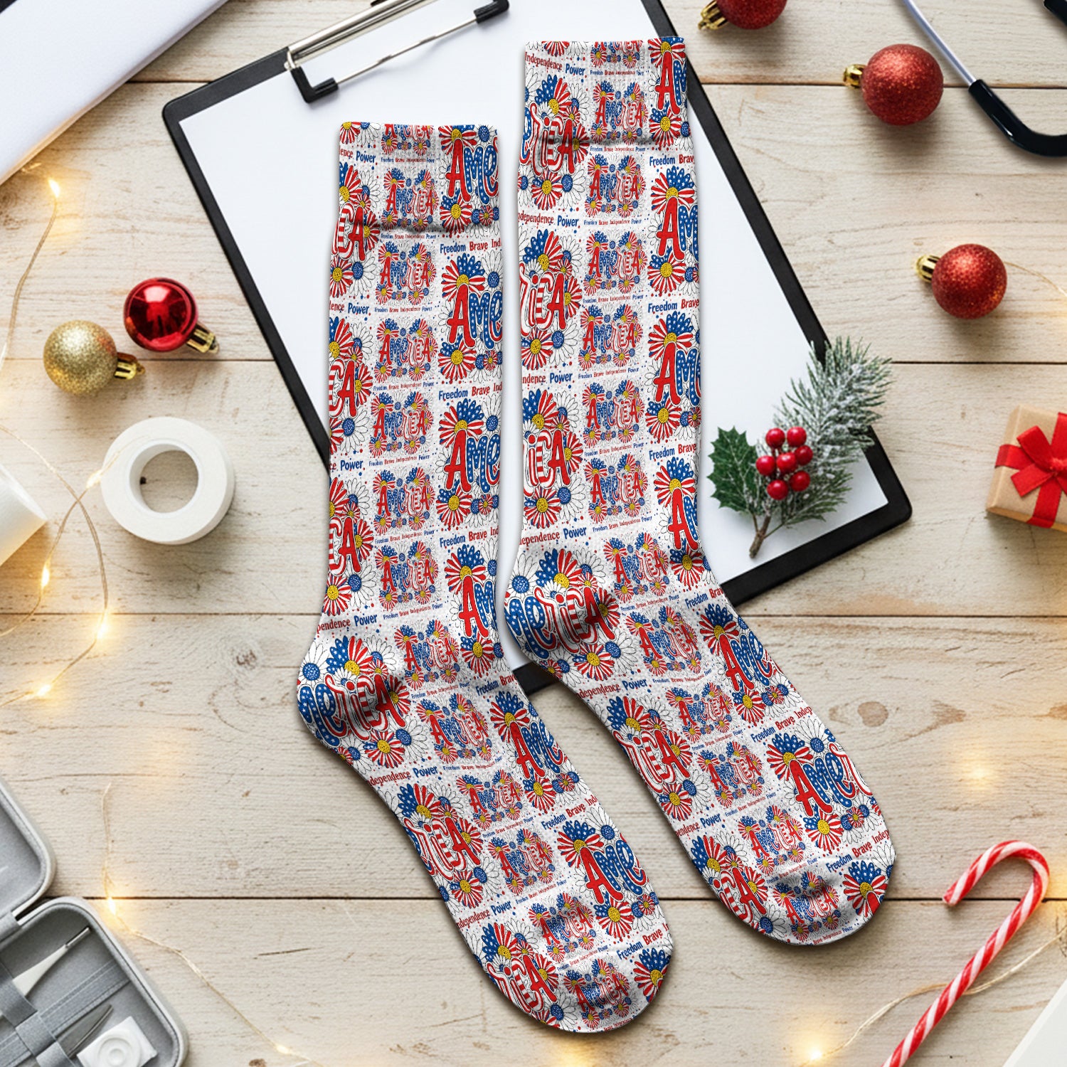 Patriotic America Floral Fireworks Pattern Socks, Adult Socks for Men and Women