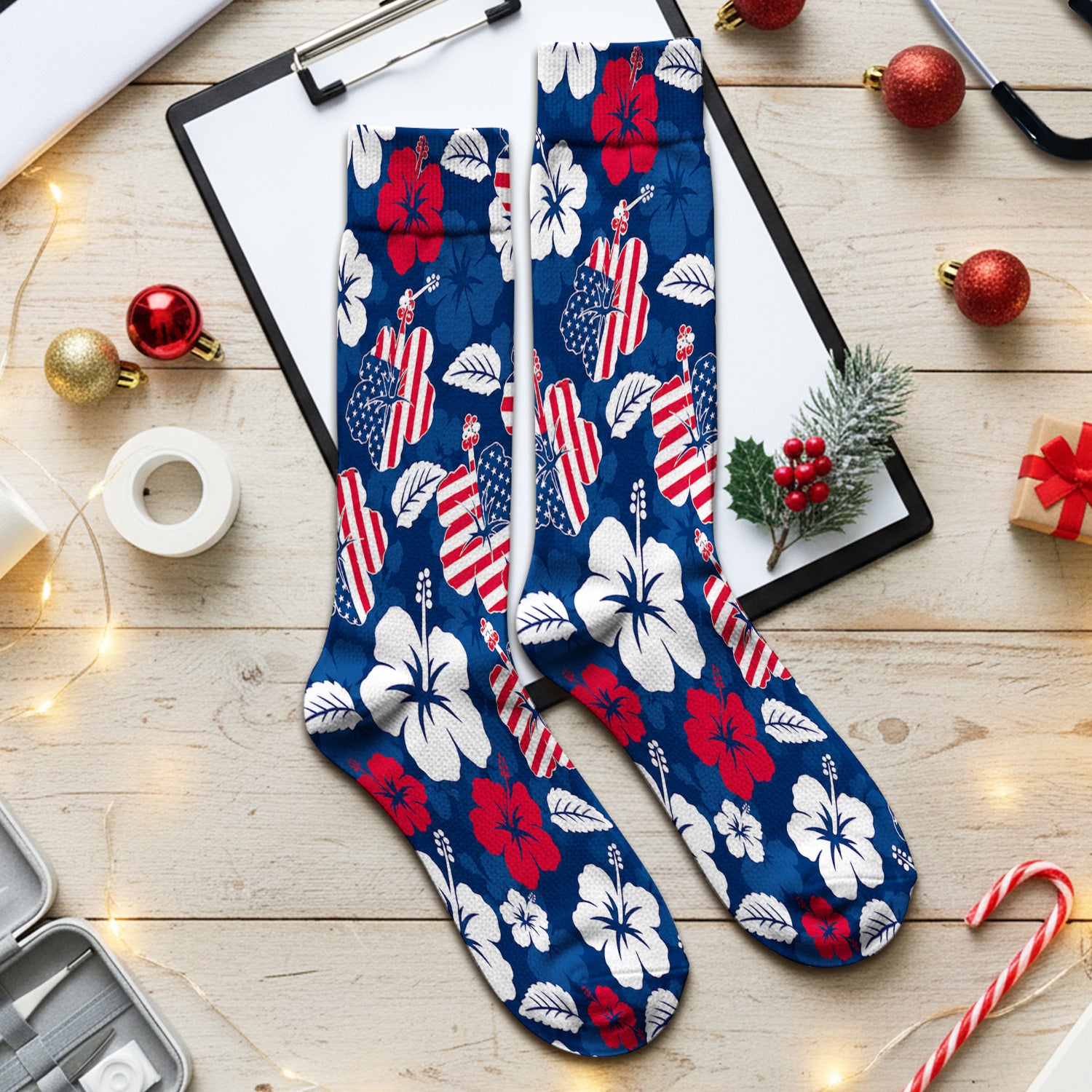 Patriotic Hibiscus Flag Floral Print Socks, Adult Socks for Men and Women