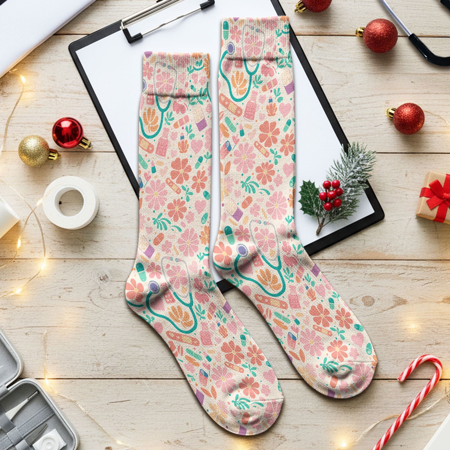 Cute Medical Floral Pattern Socks, Socks for Nurse Doctor
