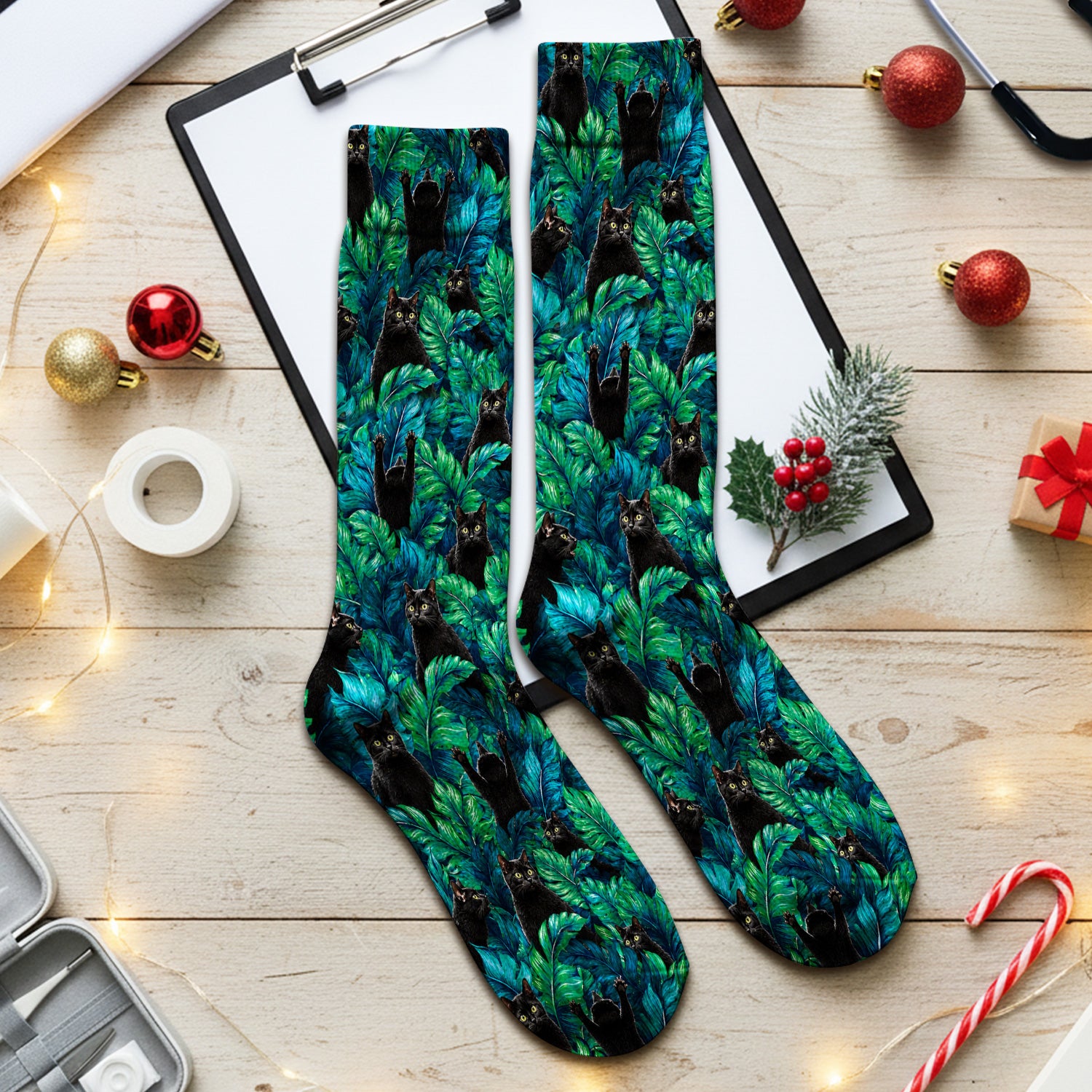 Black Cat Tropical Jungle Leaves Pattern Socks, Adult Socks for Men and Women