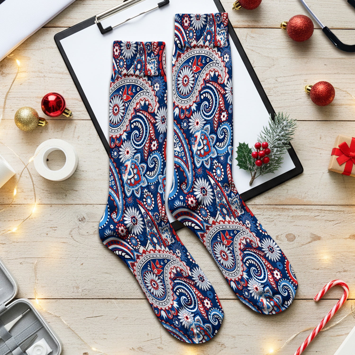 Patriotic Red White Blue Paisley Pattern Socks, Adult Socks for Men and Women