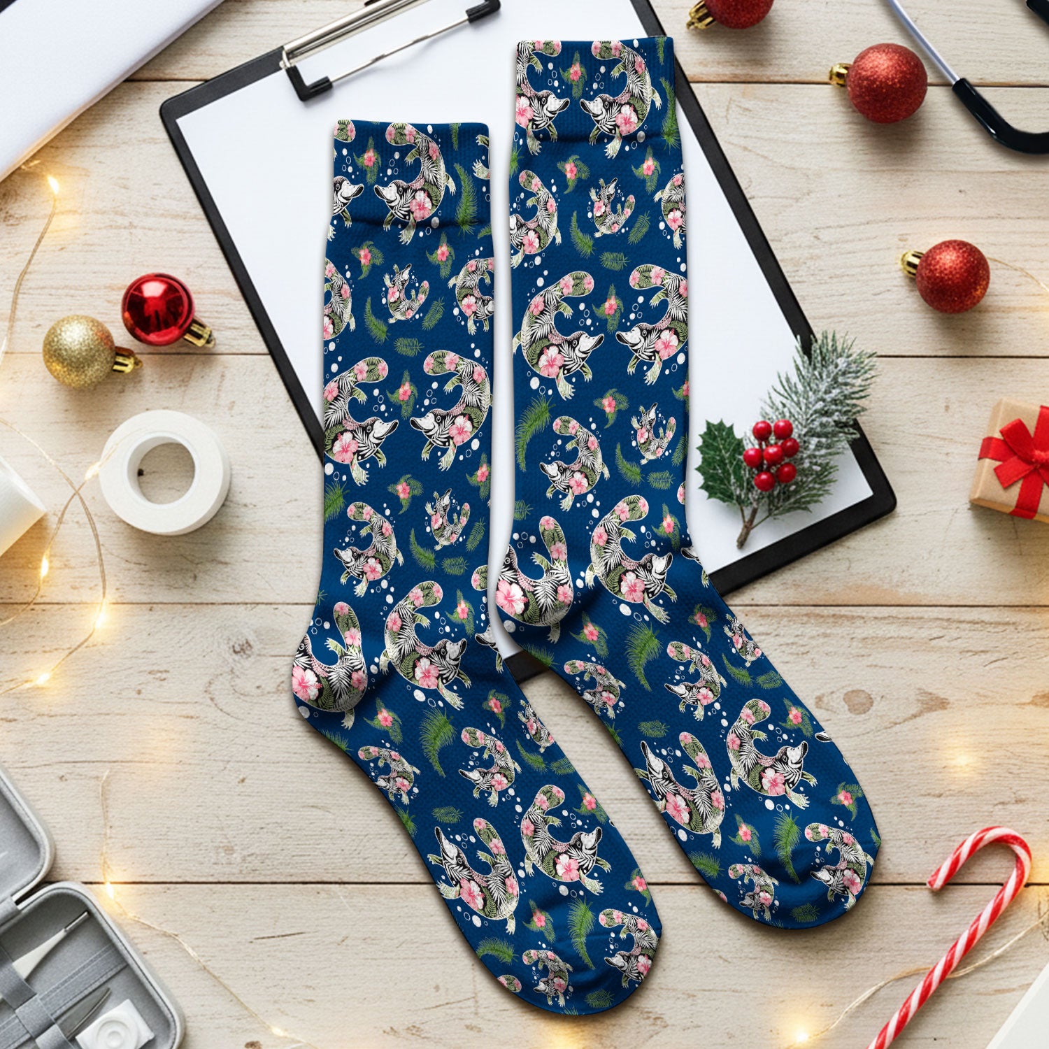 Cute Platypus Scrub Socks, Tropical Floral Animal Pattern Nurse Sock, Breathable Fabrics Nursing Uniform