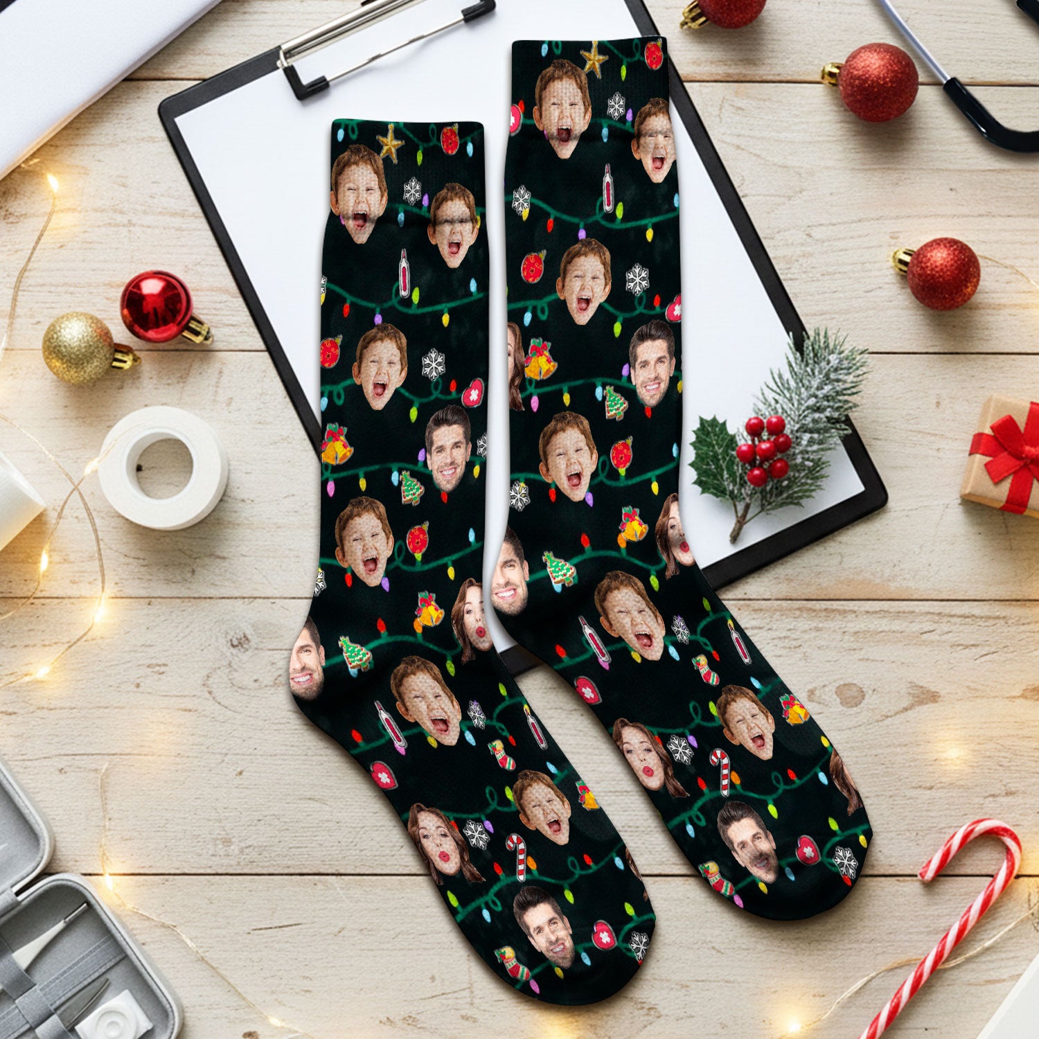 Personalized Xmas Photo Scrub Socks, Christmas Custom Face Scrub Sock, Breathable Fabrics Nursing Uniform