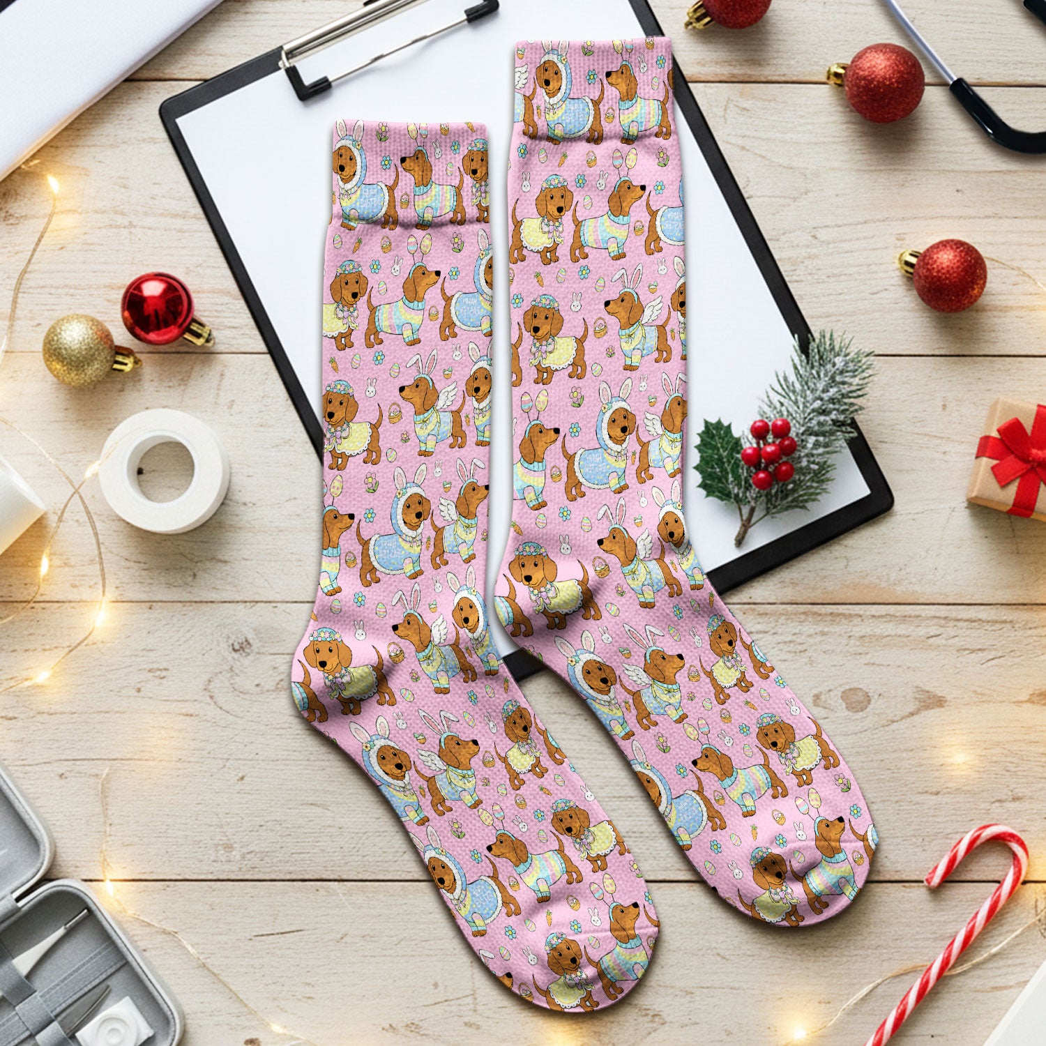 Easter Dachshund Bunny Pattern Nurse Socks, Breathable Fabrics Medical Uniform