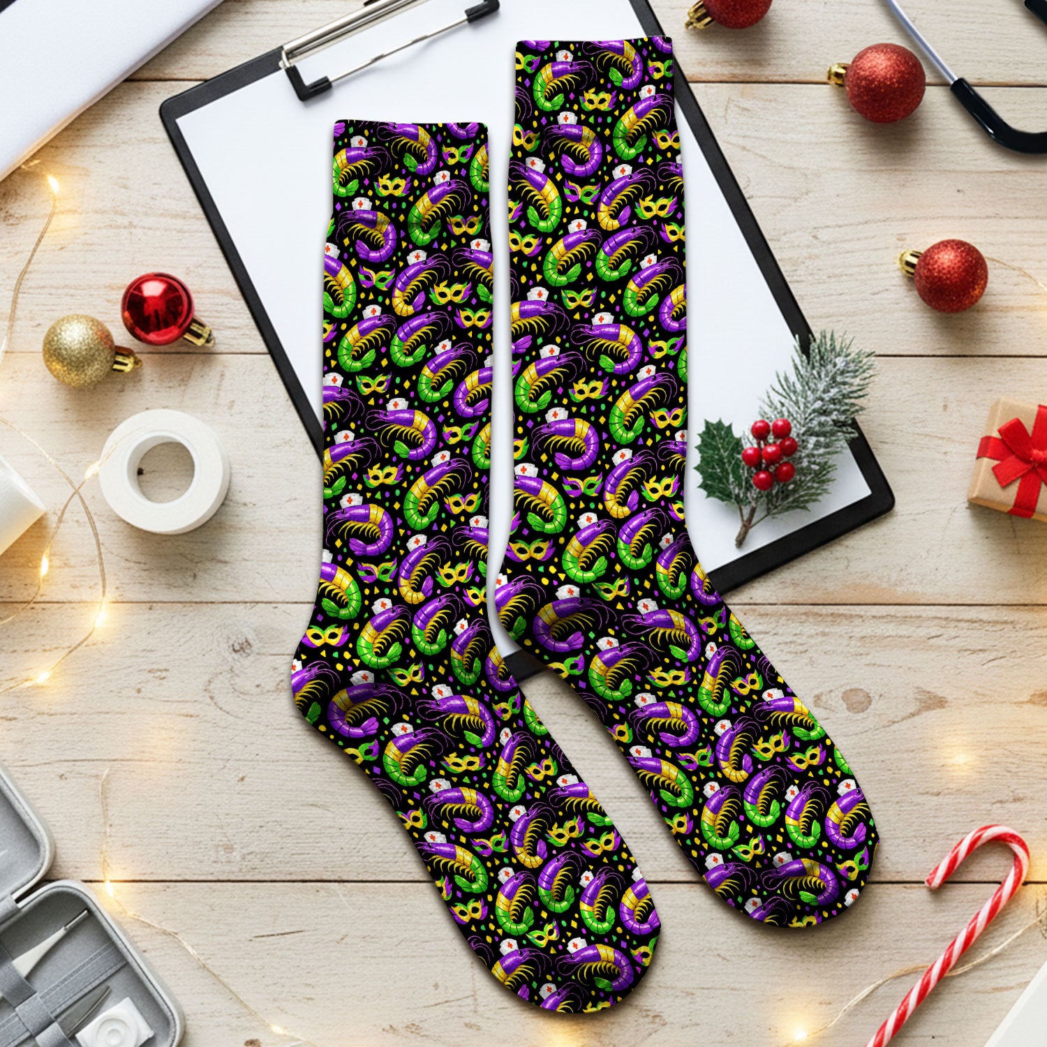 Mardi Gras Pattern Scrub Socks, Crawfish Carnival Medical Nurse Scrub Sock, Breathable Fabrics Nursing Uniform