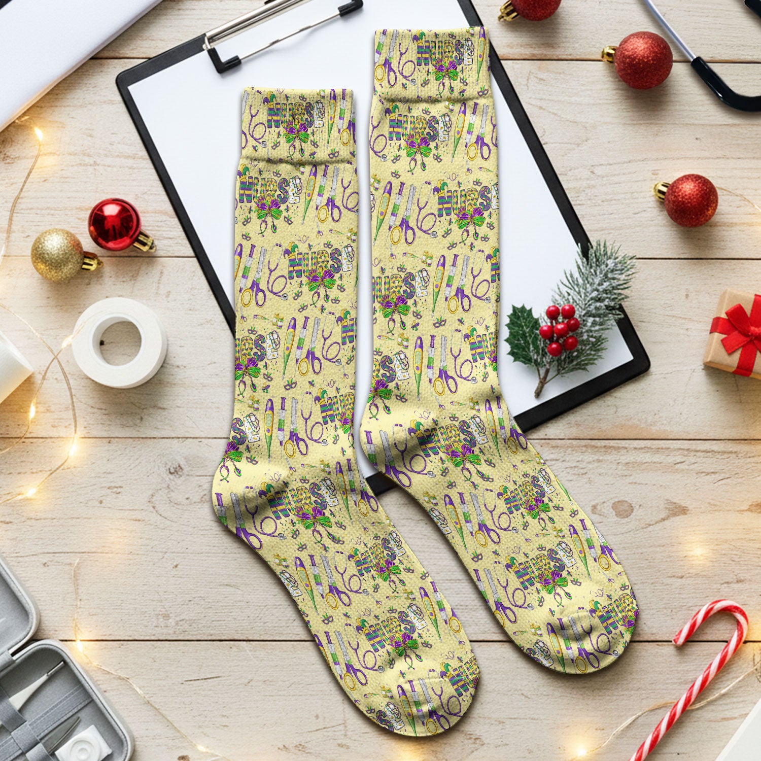 Mardi Gras Nurse Scrub Socks, Holiday Medical Pattern Nurse Sock, Breathable Fabrics Nursing Uniform