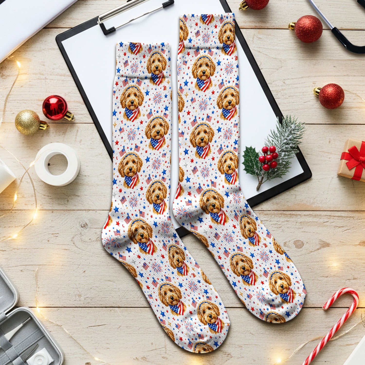 Patriotic Goldendoodle Nurse Pattern Socks, Adult Socks for Men and Women