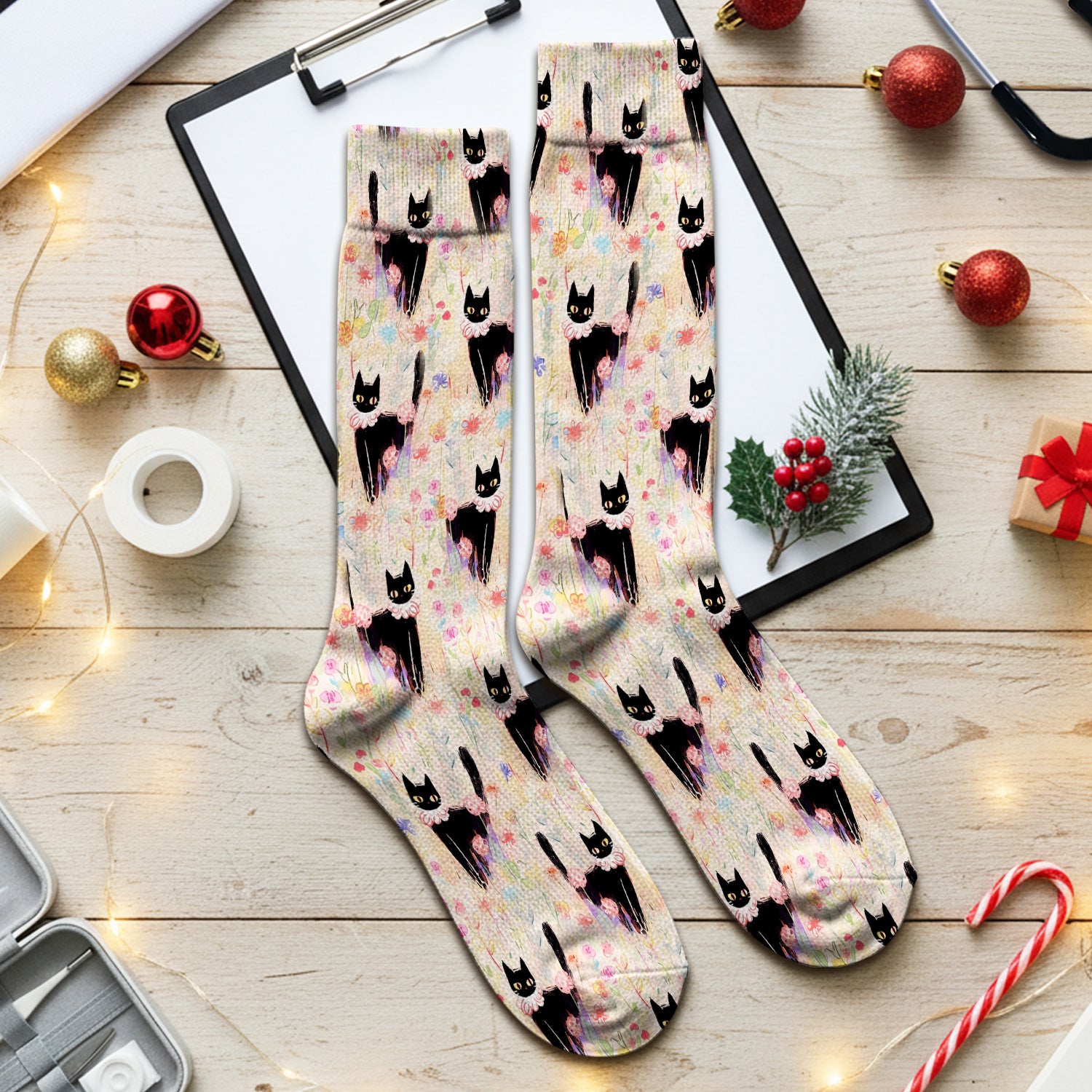 Black Cat Floral Garden Nurse Pattern Socks, Adult Socks for Men and Women