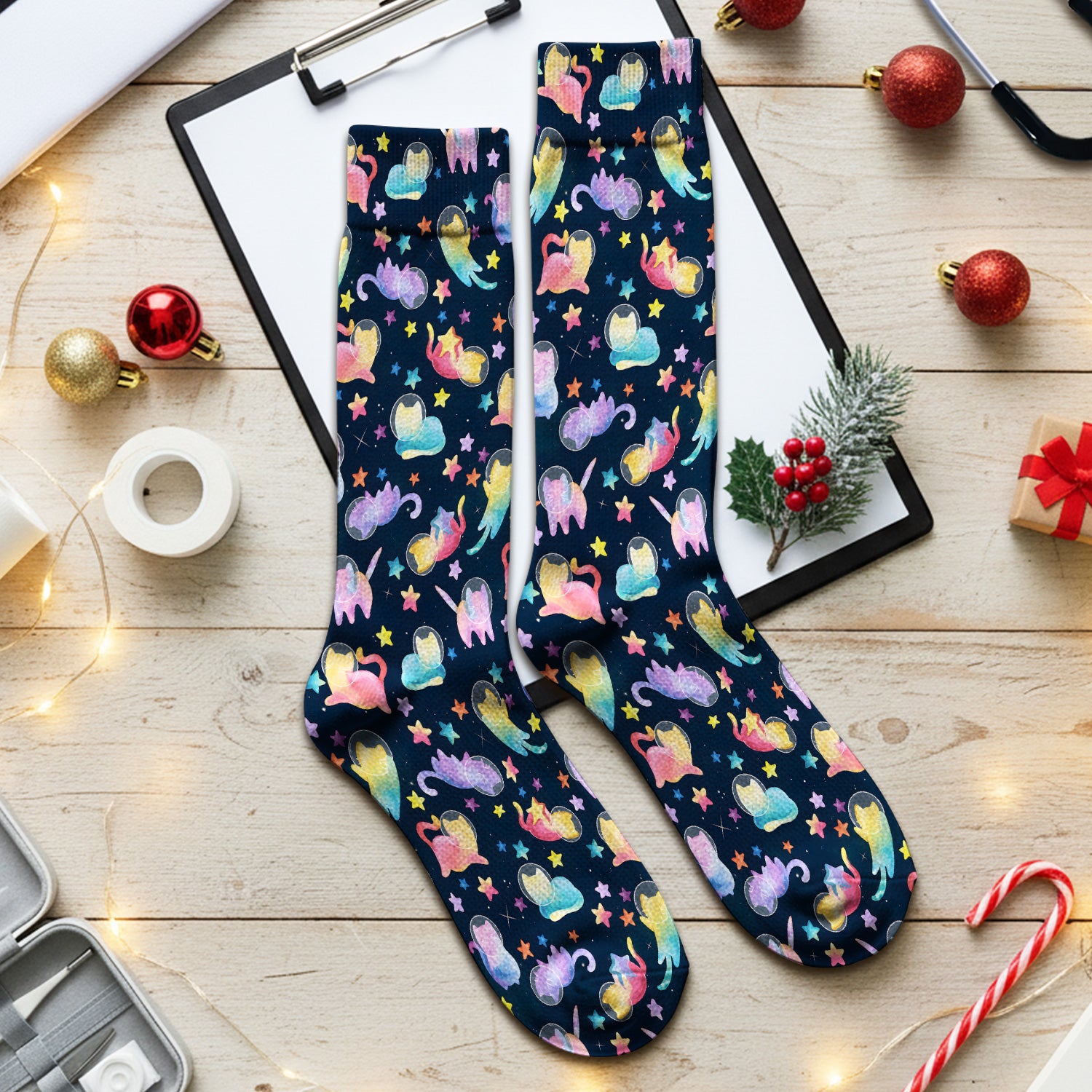 Cute Space Cat Veterinary Pattern Socks, Adult Socks for Men and Women