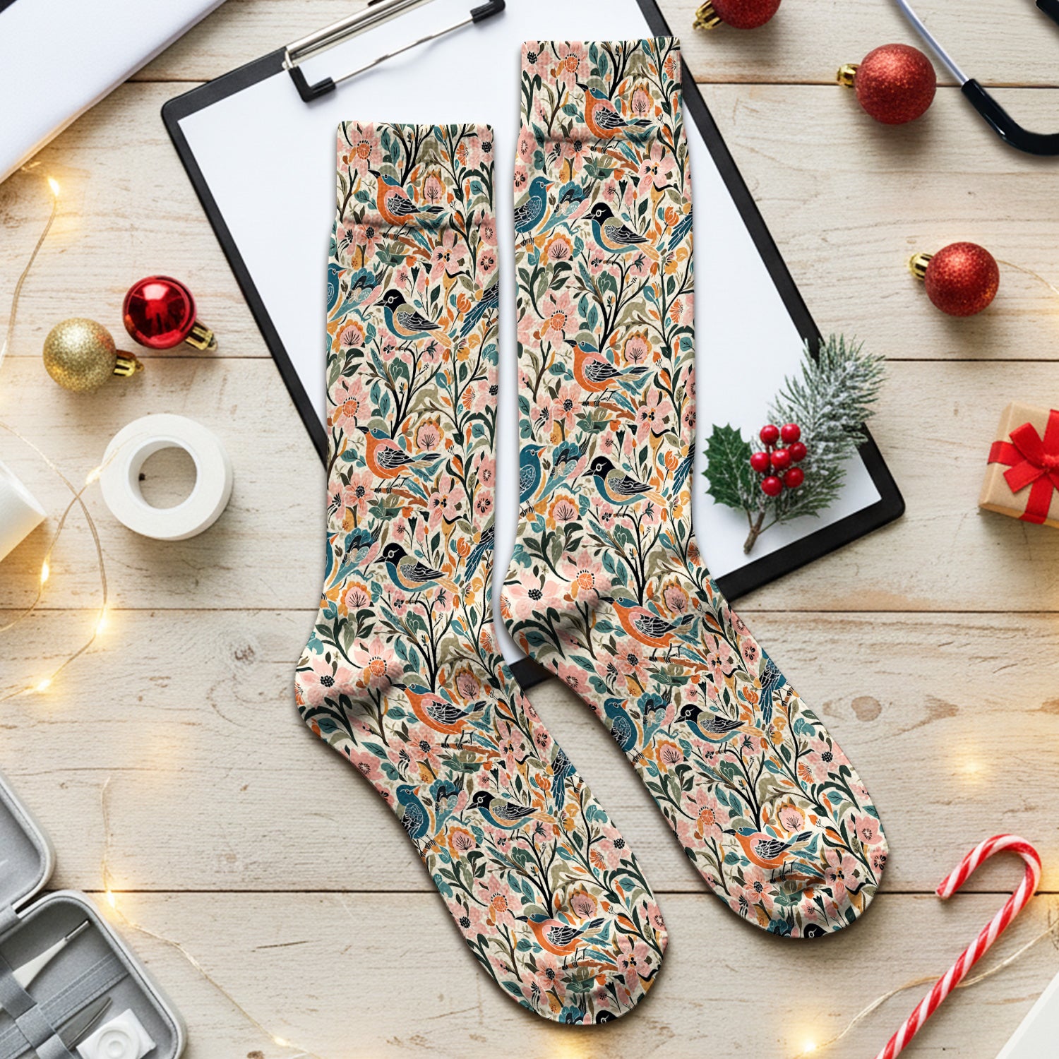 Folk Art Songbird Floral Pattern Socks, Adult Socks for Men and Women