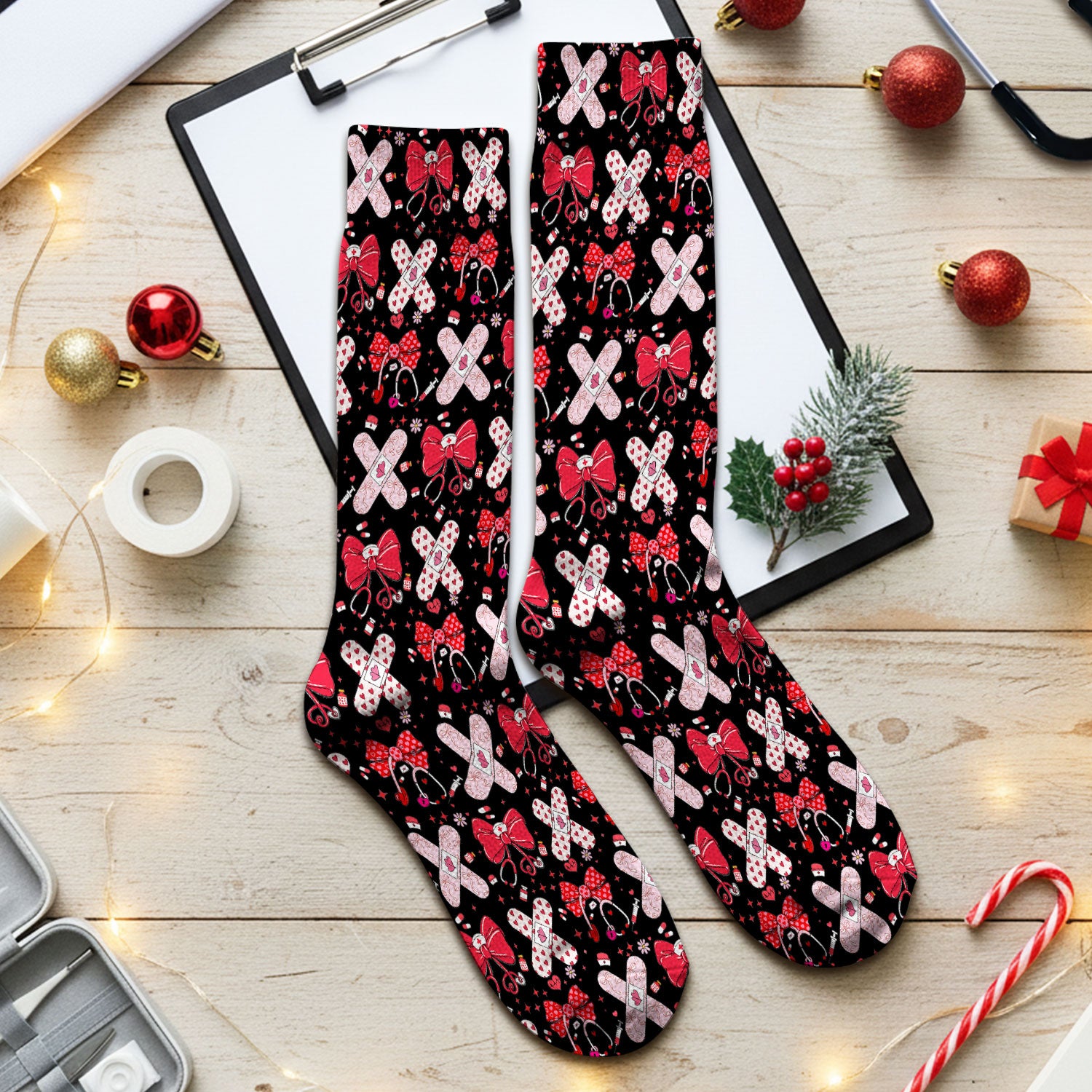 Valentine Nurse Scrub Socks, Red Bow And Heart Bandage Pattern Medical Sock, Breathable Fabrics Nursing Uniform