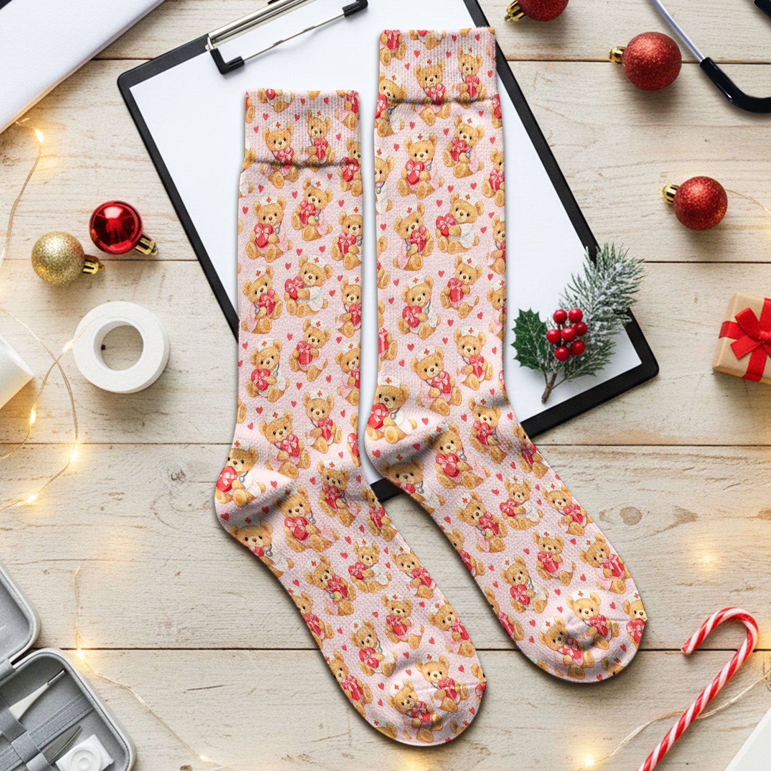 Valentine Teddy Pattern Scrub Socks, Bear And Heart Medical Nurse Scrub Sock, Breathable Fabrics Nursing Uniform
