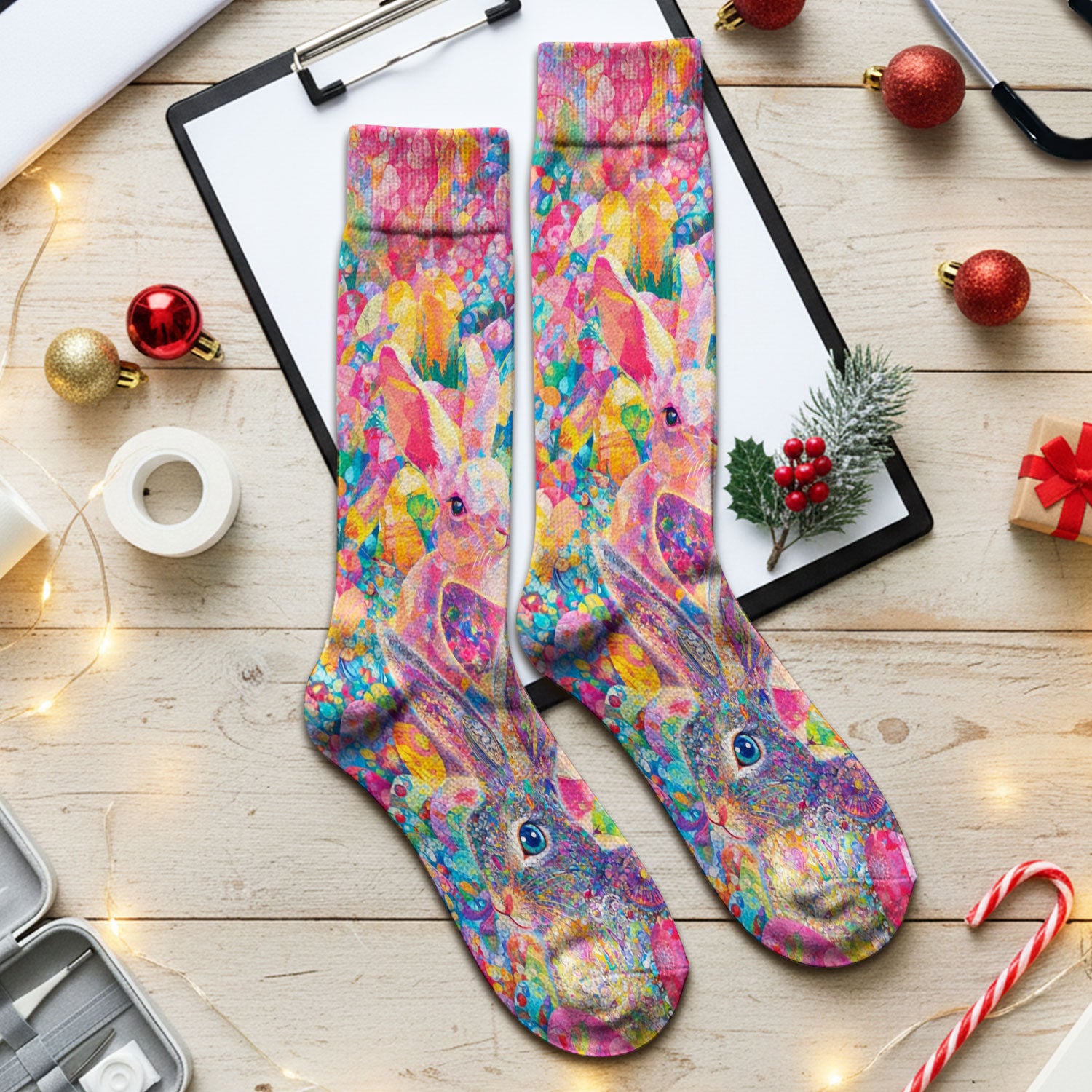 Colorful Artistic Bunny Print Medical Socks, Breathable Fabrics Medical Uniform
