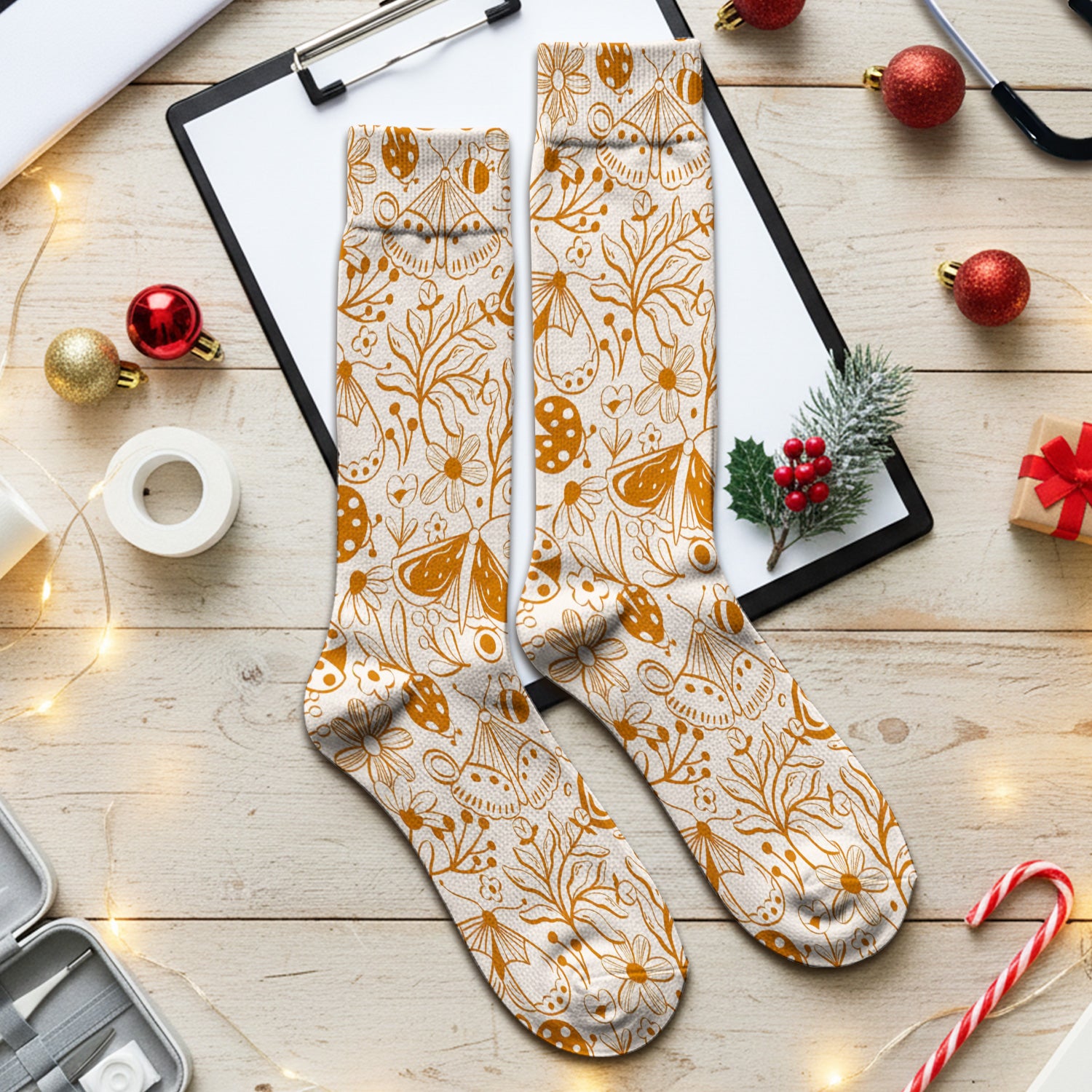 Butterfly Ladybug Floral Garden Pattern Socks, Adult Socks for Men and Women