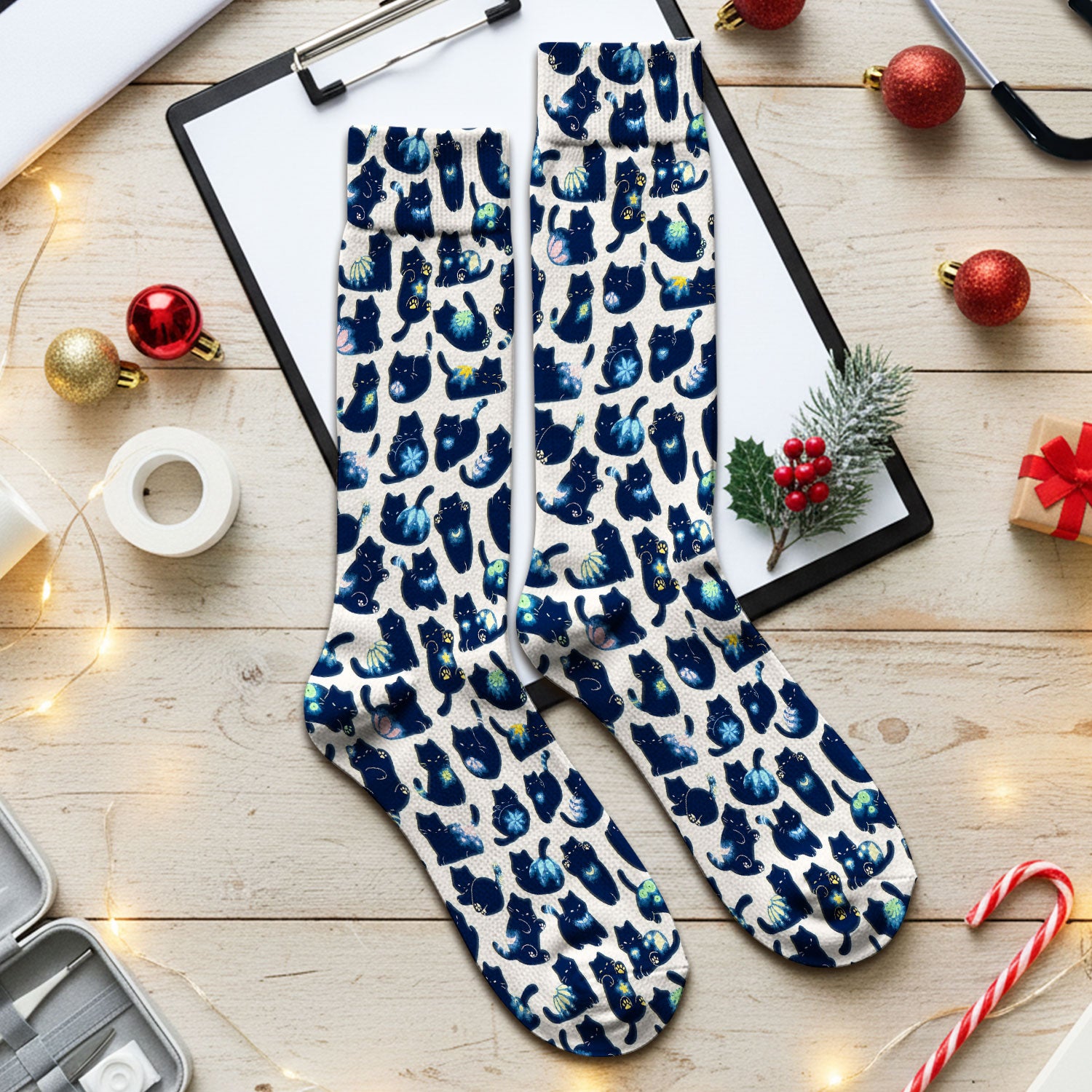 Midnight Cat Scrub Socks, Black Cat Pattern Nurse Sock, Breathable Fabrics Nursing Uniform