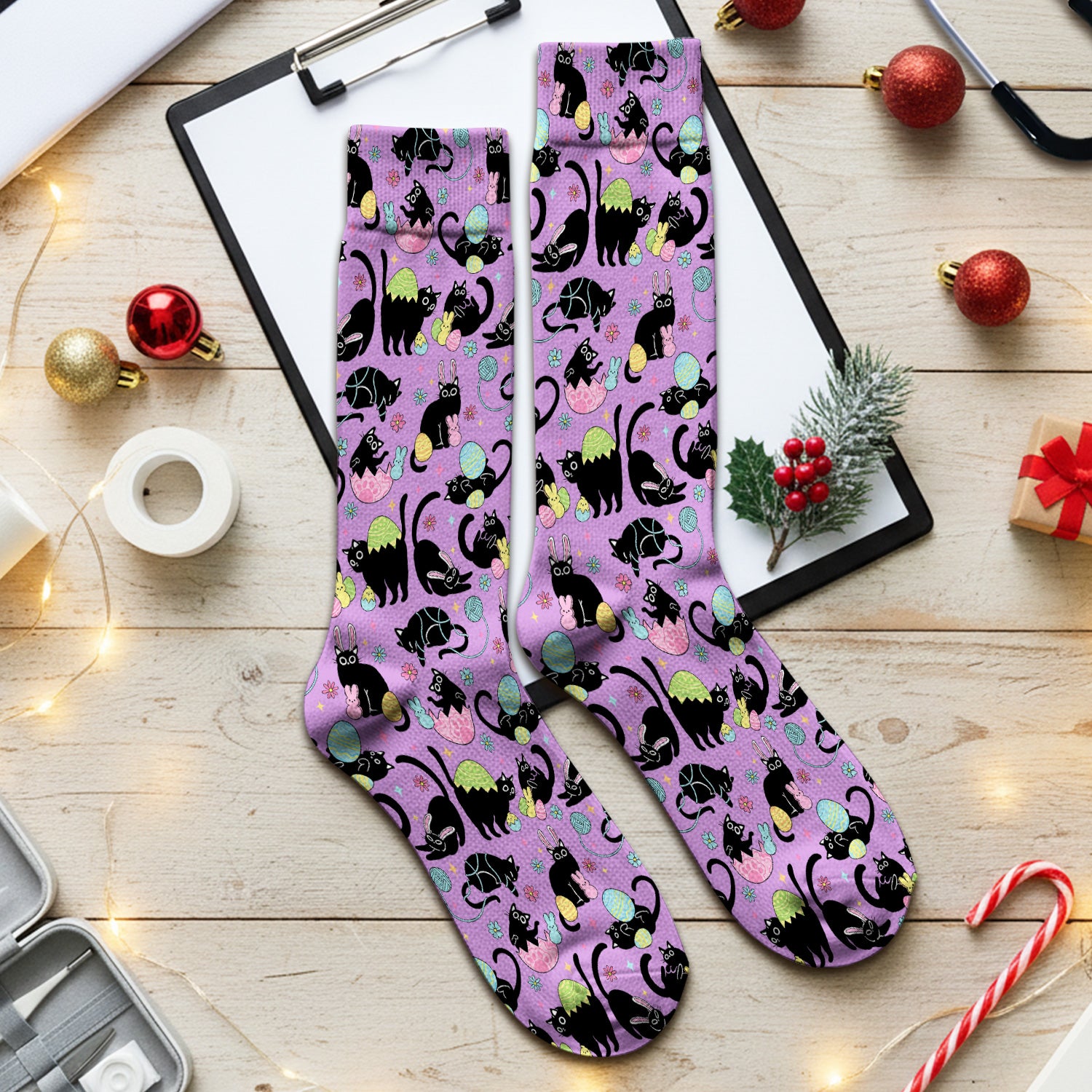 Funny Easter Black Cat Egg Pattern Print Socks, Adult Socks for Men and Women