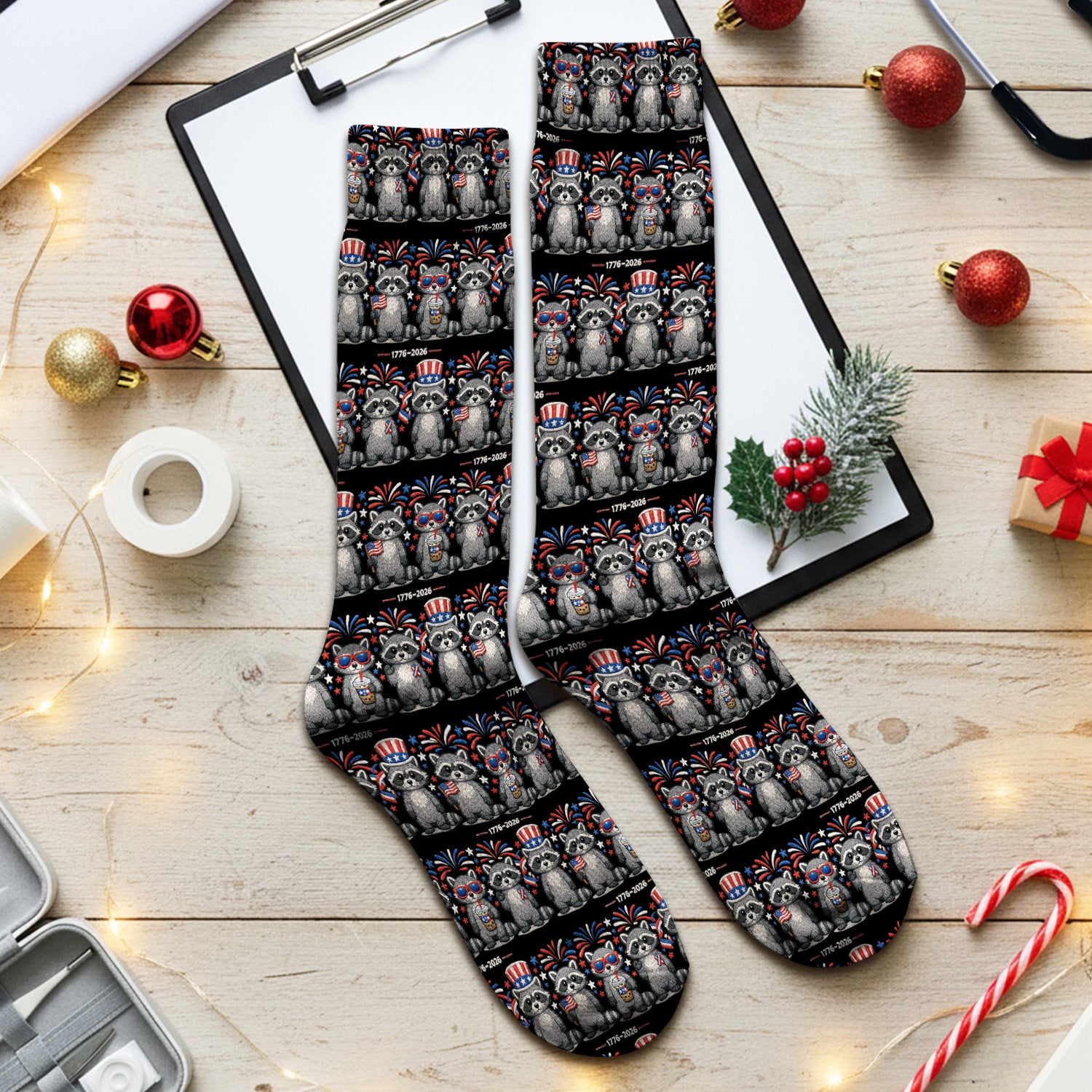 Patriotic Raccoon Fireworks Stripe Pattern Socks, Adult Socks for Men and Women
