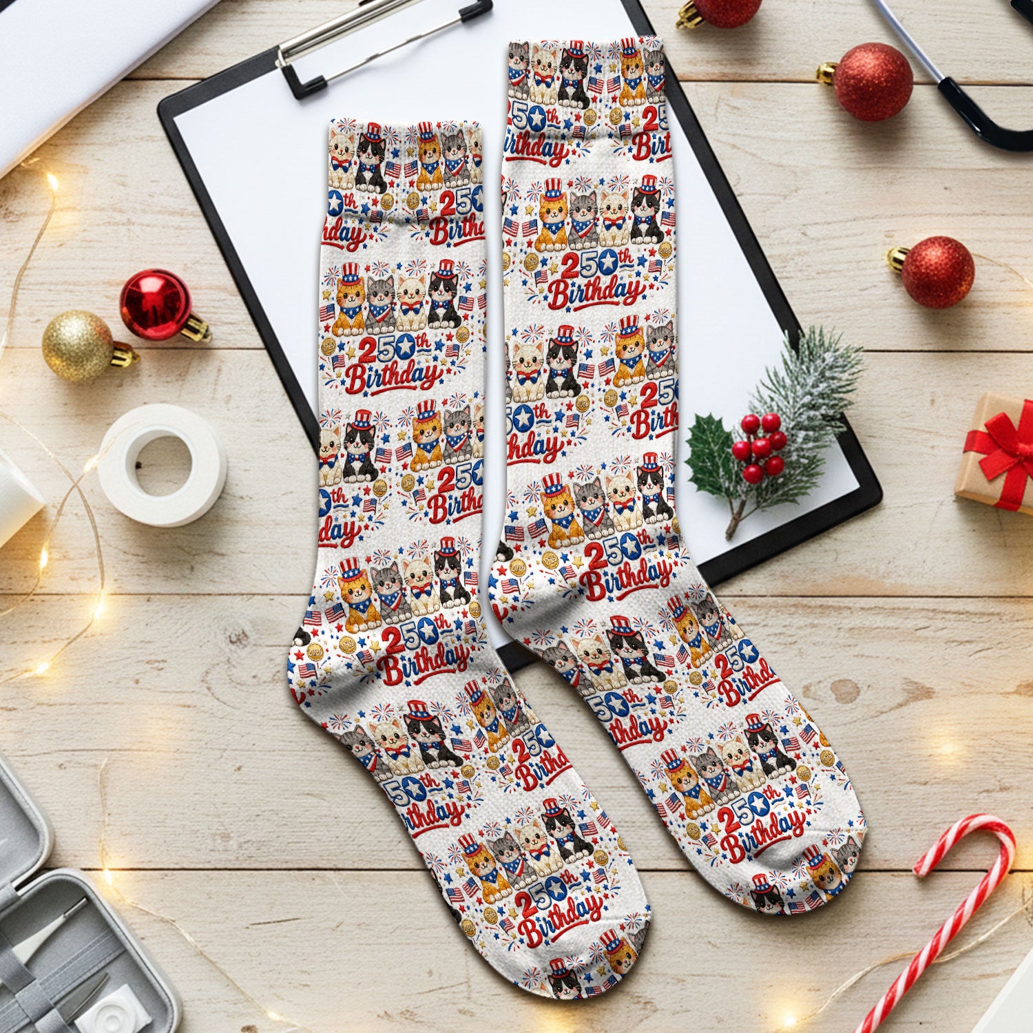 America 250th Anniversary Cat Pattern Print Socks, Adult Socks for Men and Women