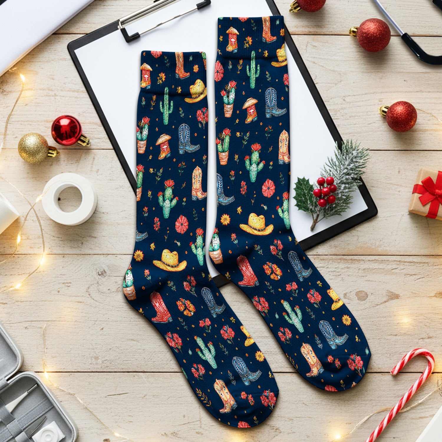 Whimsical Western Cactus Boots Pattern Socks, Breathable Fabrics Medical Uniform