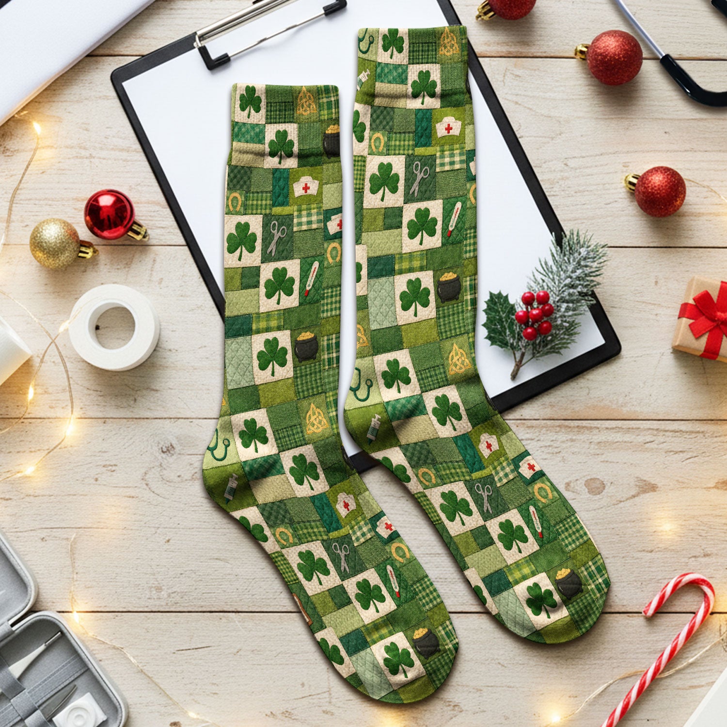 St Patrick Medical Patchwork Shamrock Socks, Adult Socks for Men and Women