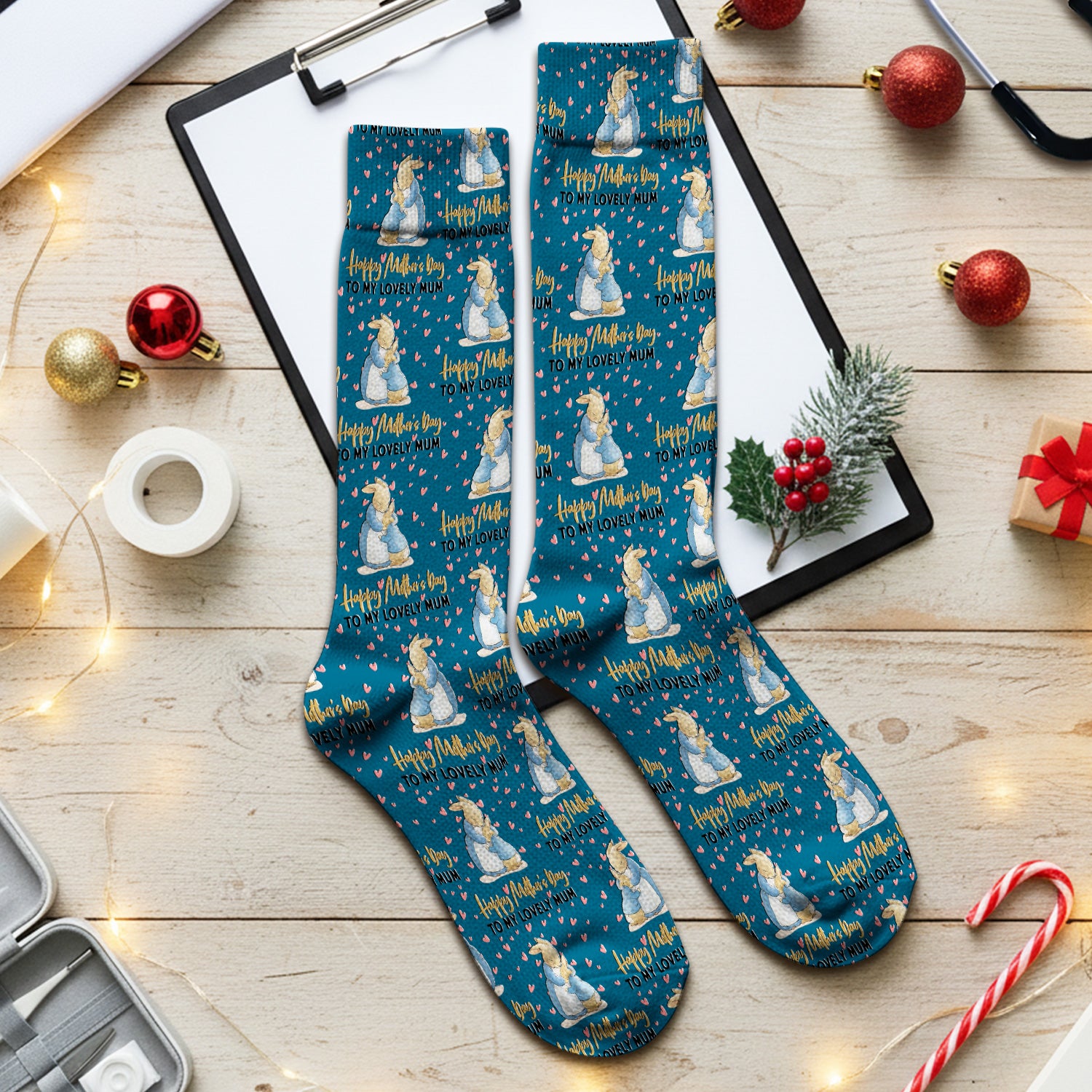 Happy Mothers Day Bunny Love Pattern Socks, Adult Socks for Men and Women