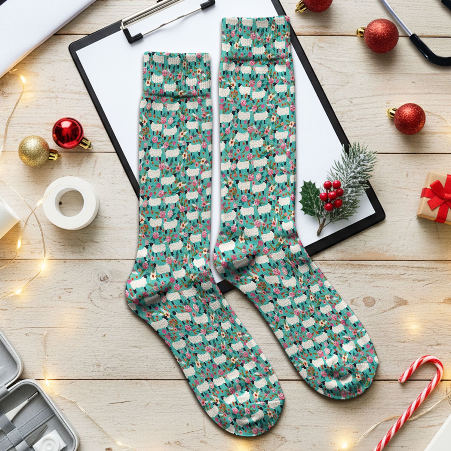 Cute Sheep Floral Meadow Pattern Socks, Adult Socks for Men and Women