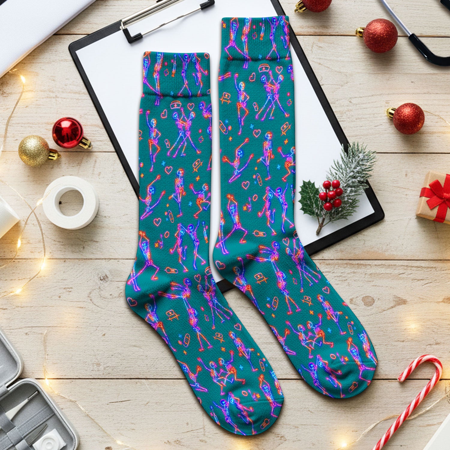 Neon Dancing Skeleton Medical Pattern Socks, Adult Socks for Men and Women