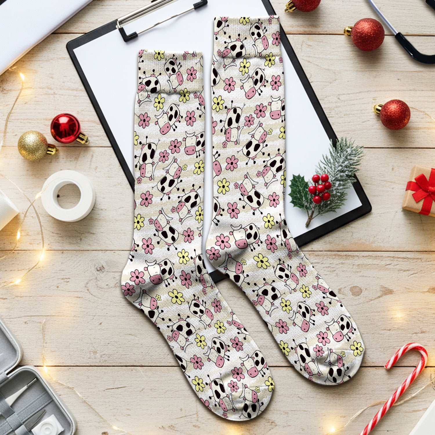 Cute Cartoon Cow Flower Meadow Pattern Nurse Socks, Adult Socks for Men and Women