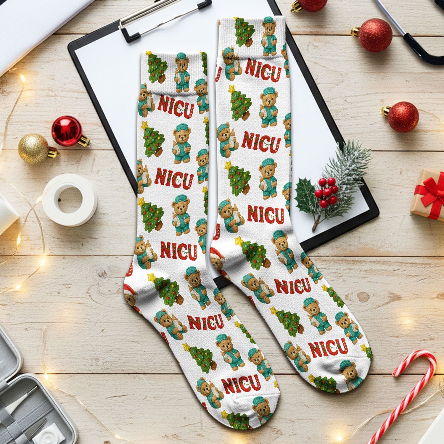Festive Christmas NICU Nurse Teddy Bear Pattern Print Socks, Adult Socks for Men and Women