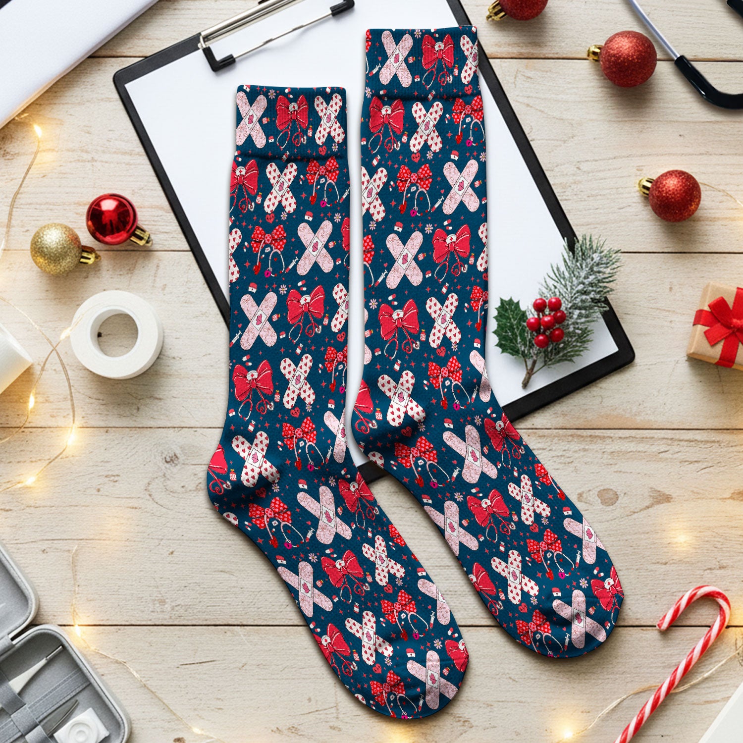 Valentine Nurse Scrub Socks, Red Bow And Heart Bandage Pattern Medical Sock, Breathable Fabrics Nursing Uniform