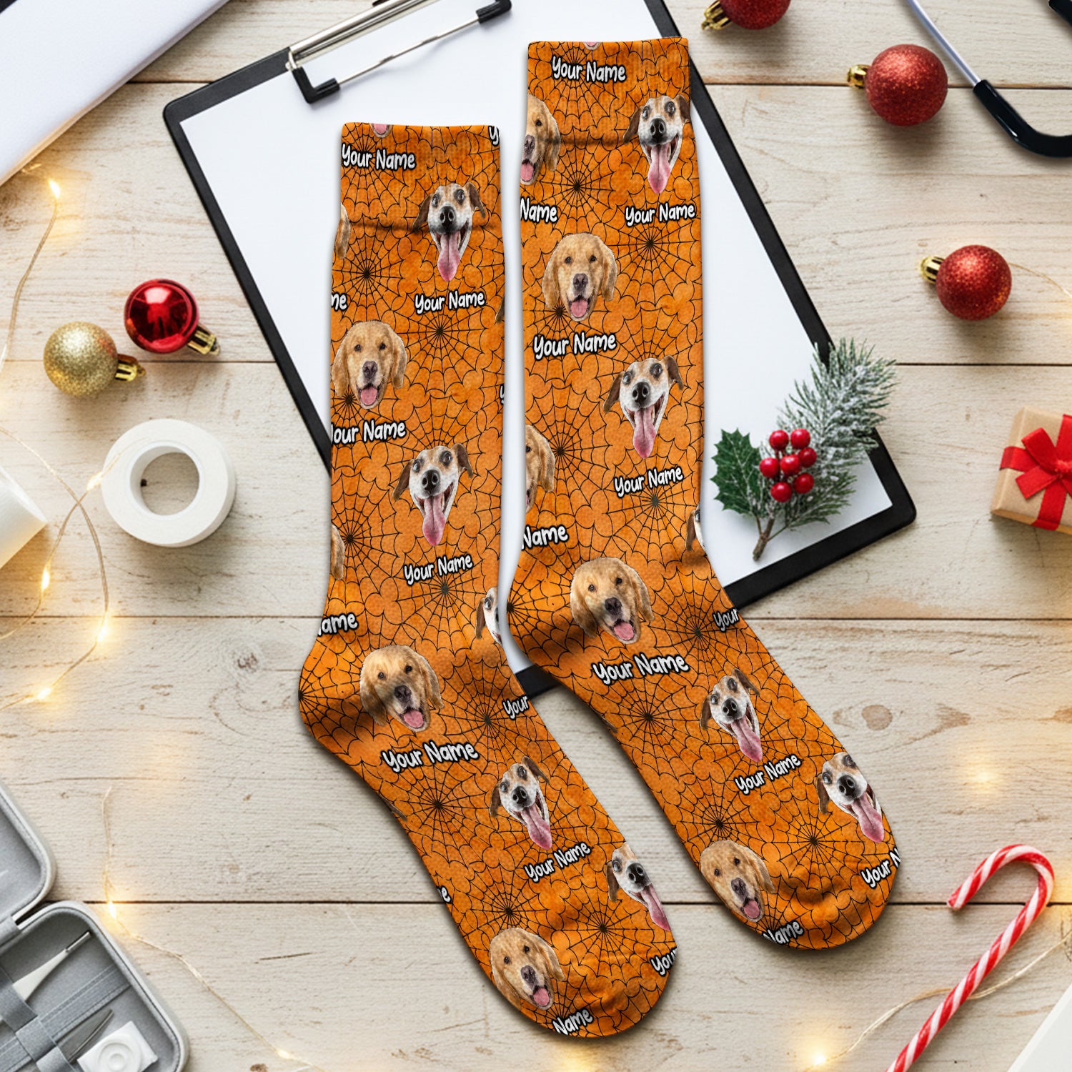 Personalized Halloween Dog Photo Spiderweb Socks, Adult Socks for Men and Women