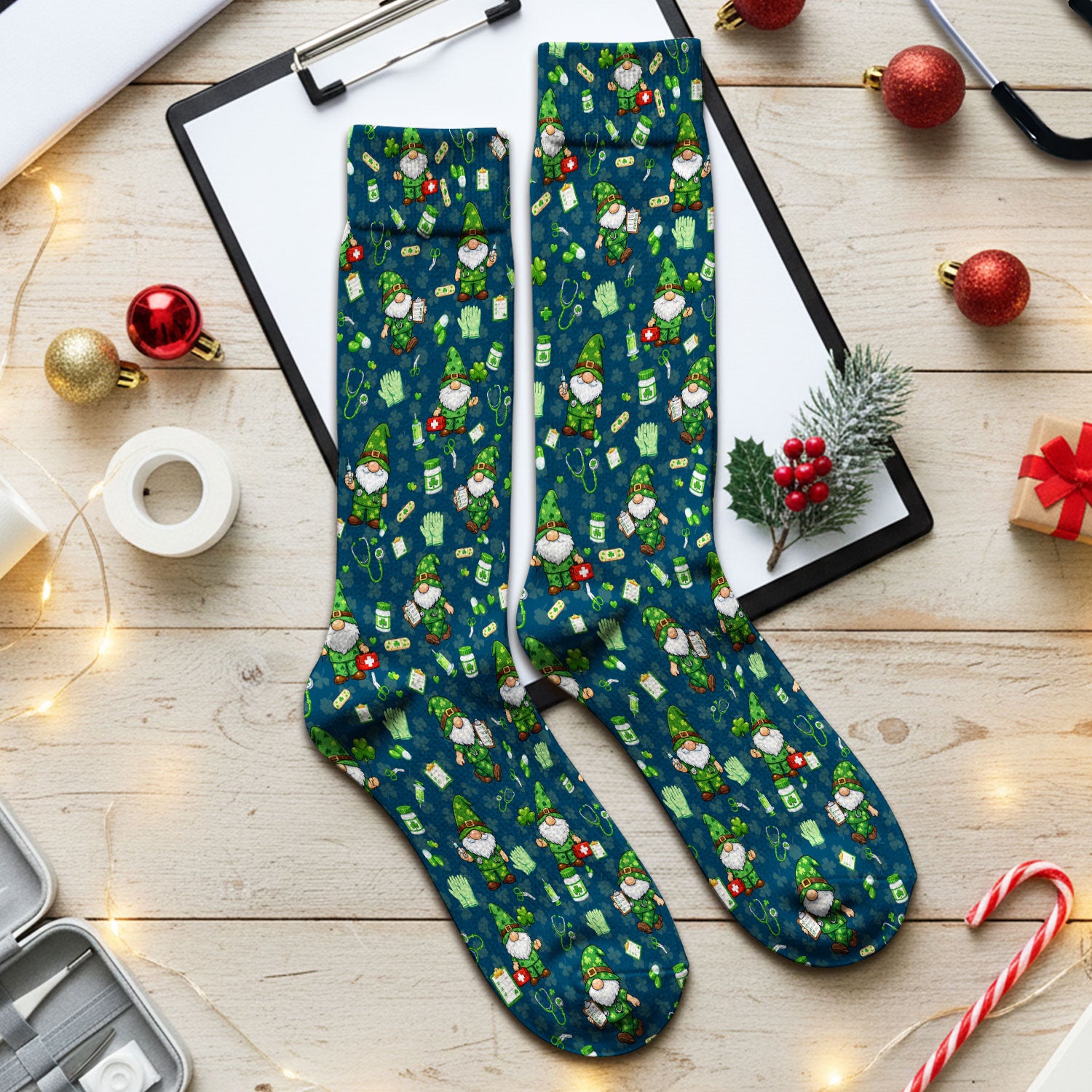 St. Patrick’s Day Nurse Gnome Scrub Socks, Green Lucky Medical Pattern Nurse Sock, Breathable Fabrics Nursing Uniform