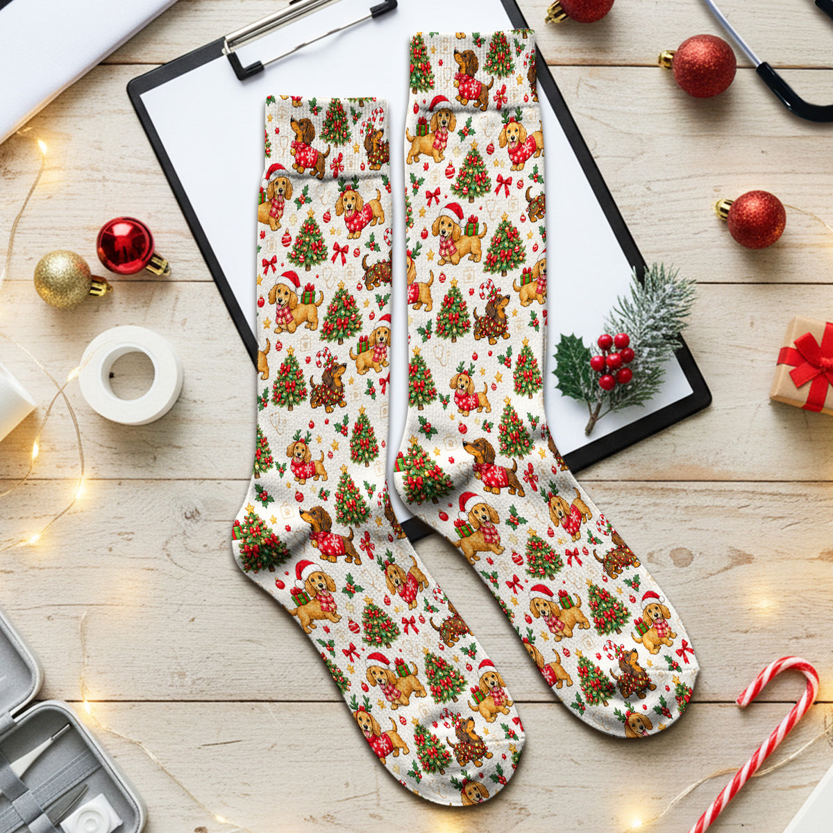 Cute Christmas Dachshund And Tree Pattern Socks, Adult Socks for Men and Women