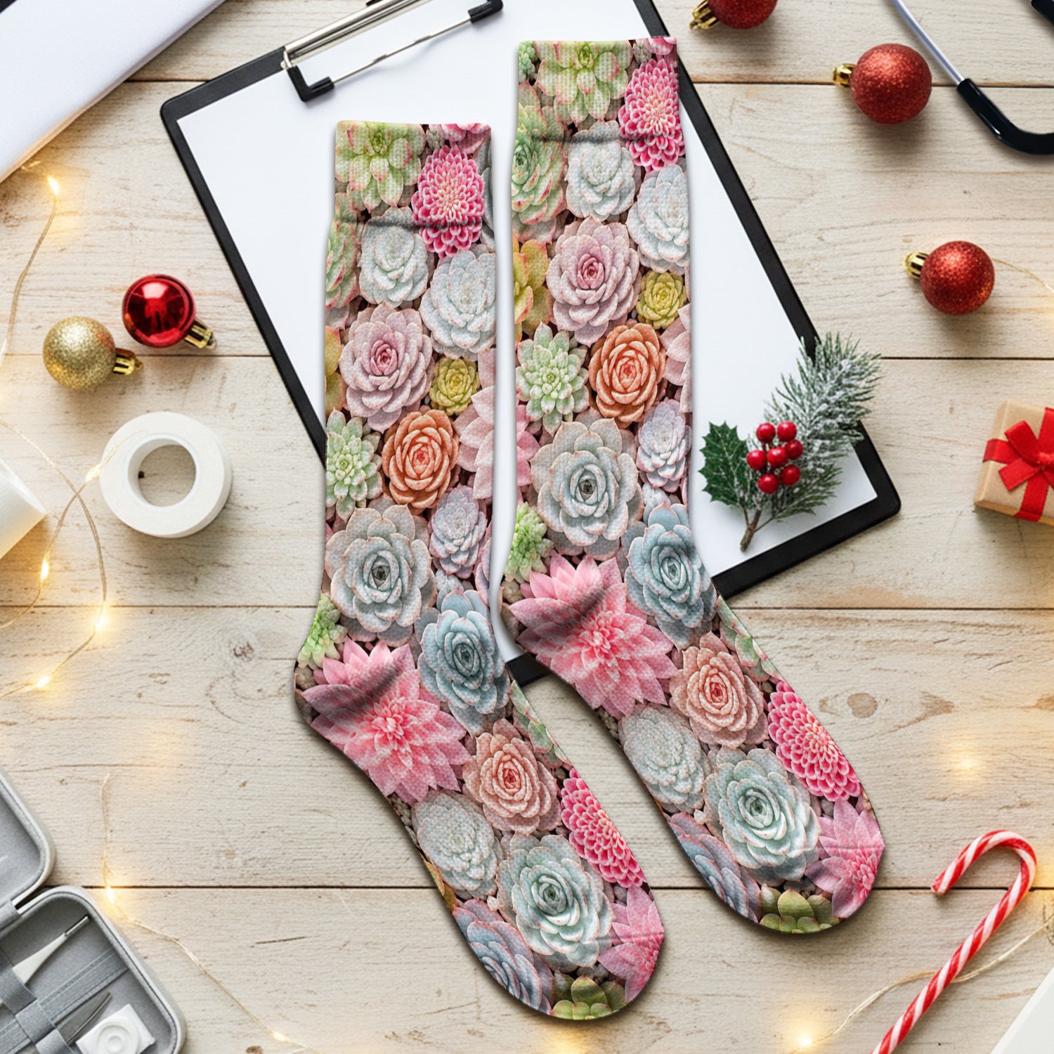 Cute Pastel Succulent Blossom Pattern Socks, Adult Socks for Men and Women
