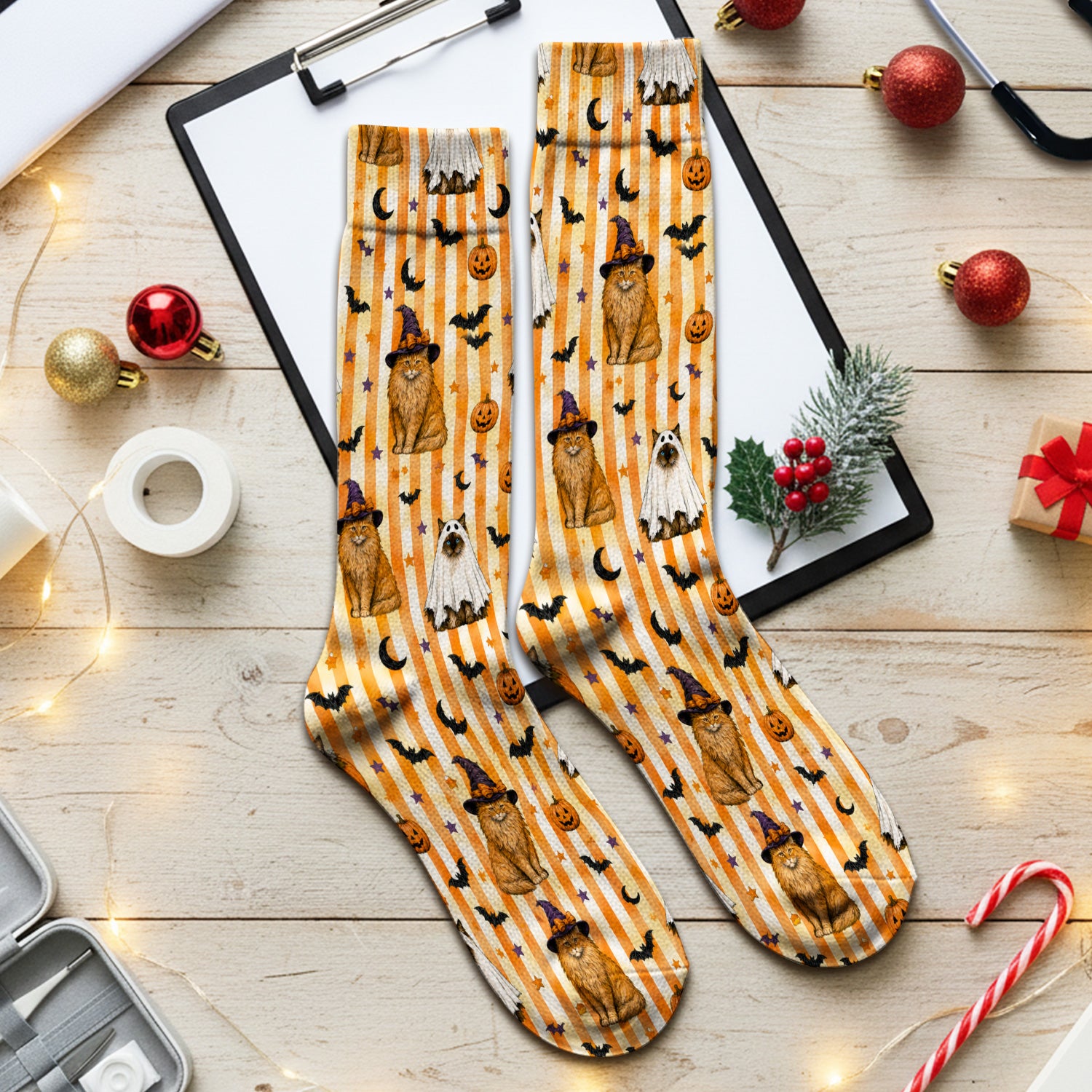 Halloween Cat Print Socks, Adult Socks for Men and Women