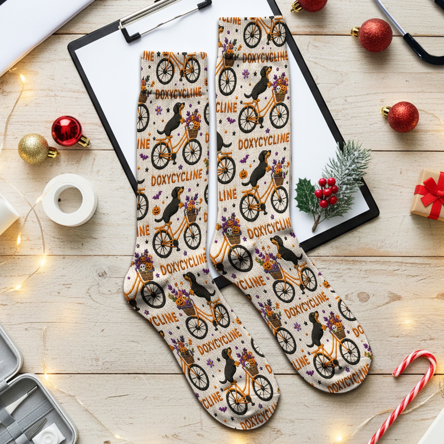 Halloween Dachshund with Doxycycline Bike Print Socks, Adult Socks for Men and Women