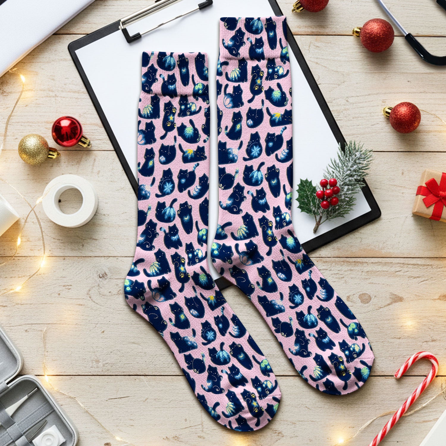 Midnight Cat Scrub Socks, Black Cat Pattern Nurse Sock, Breathable Fabrics Nursing Uniform