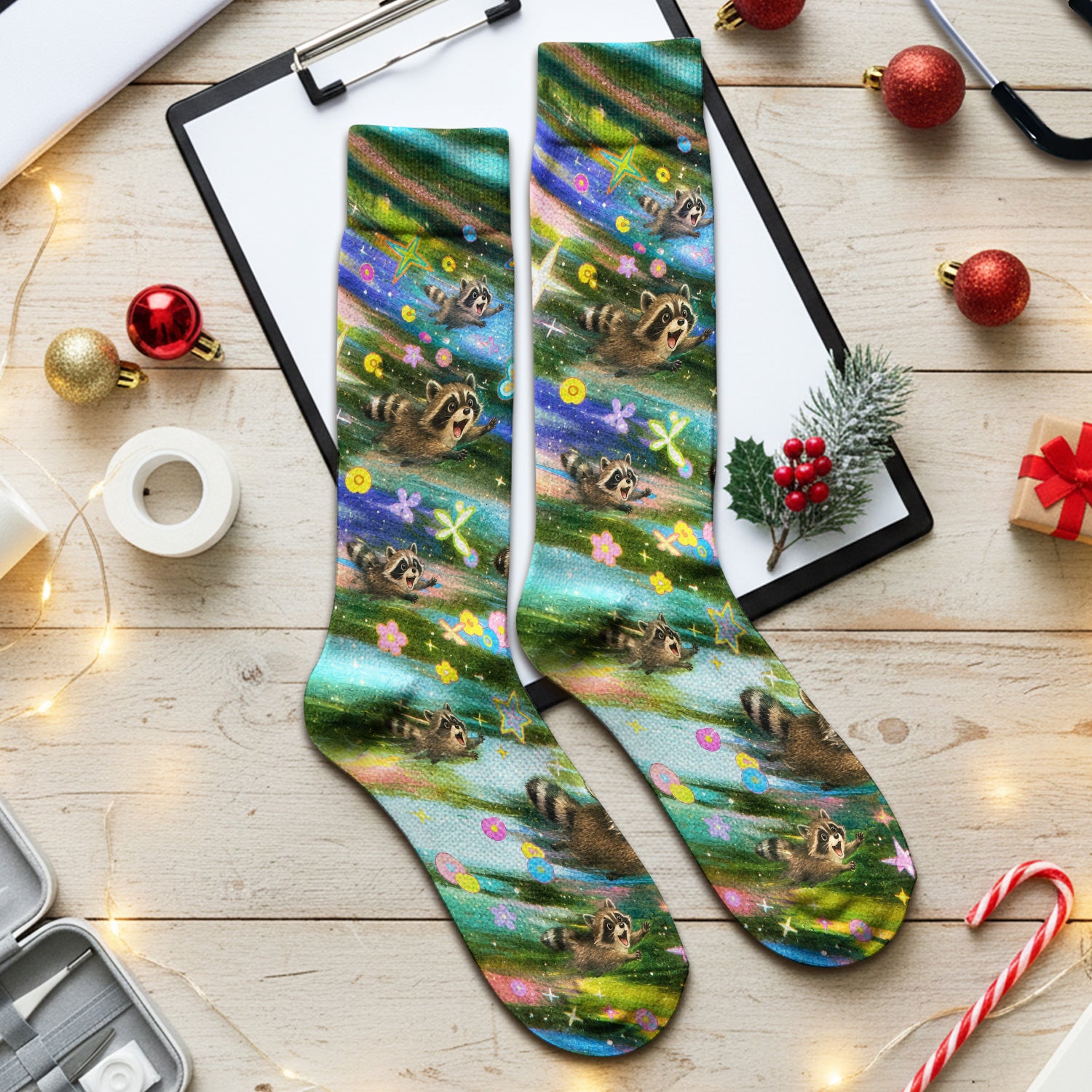 Cute Raccoon Rainbow Dash Pattern Socks, Adult Socks for Men and Women