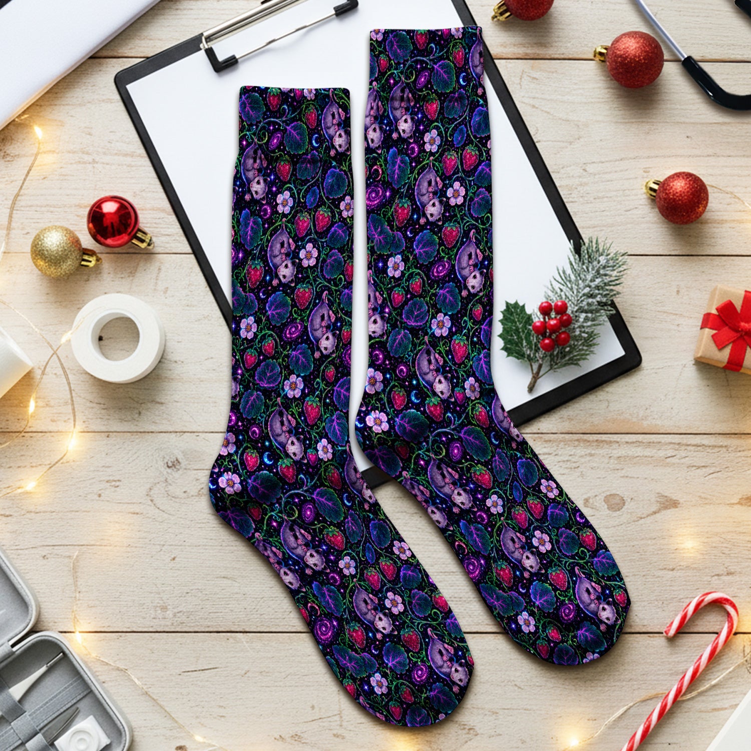 Galaxy Strawberry Opossum Pattern Socks, Adult Socks for Men and Women