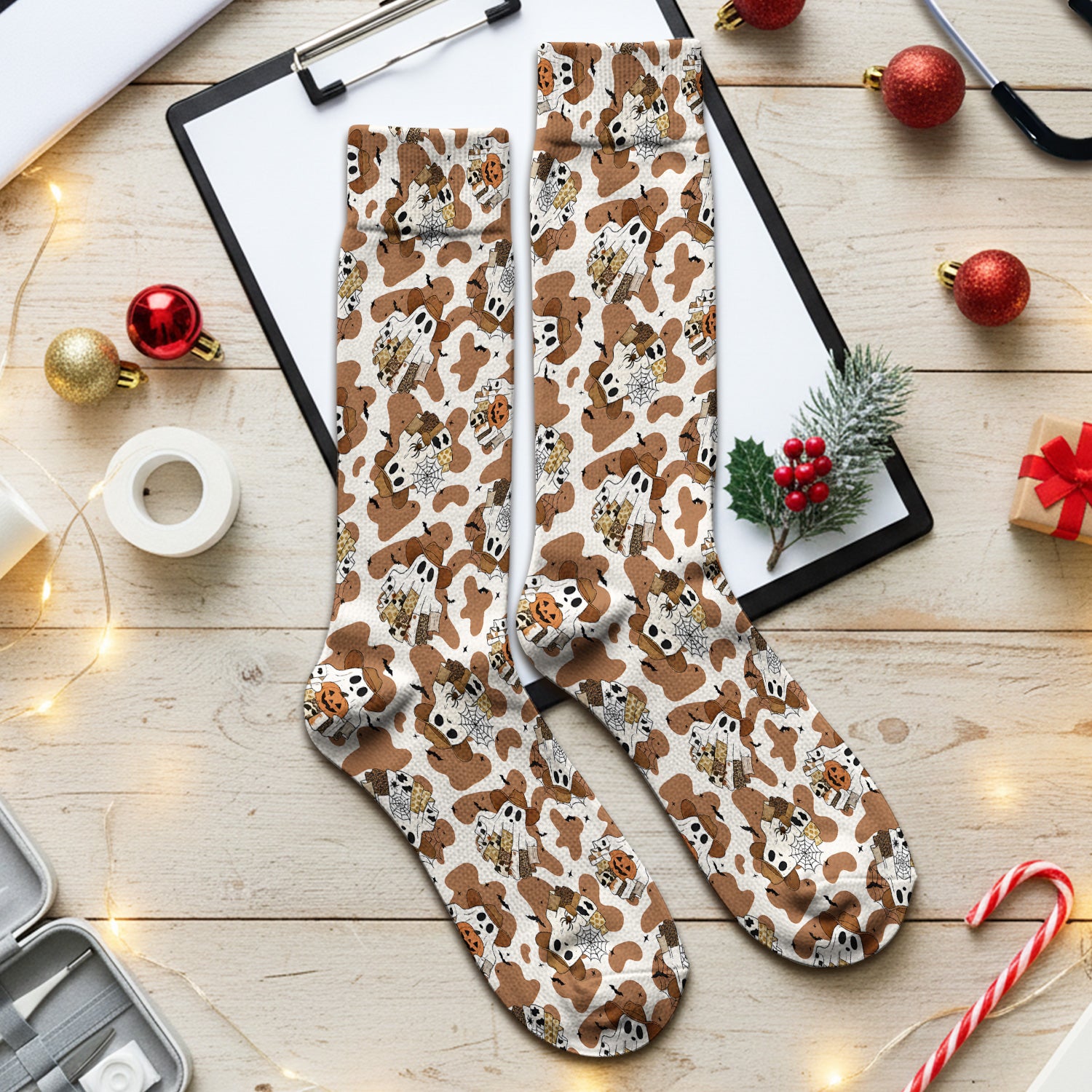 Halloween Cow Ghost Print Socks, Adult Socks for Men and Women