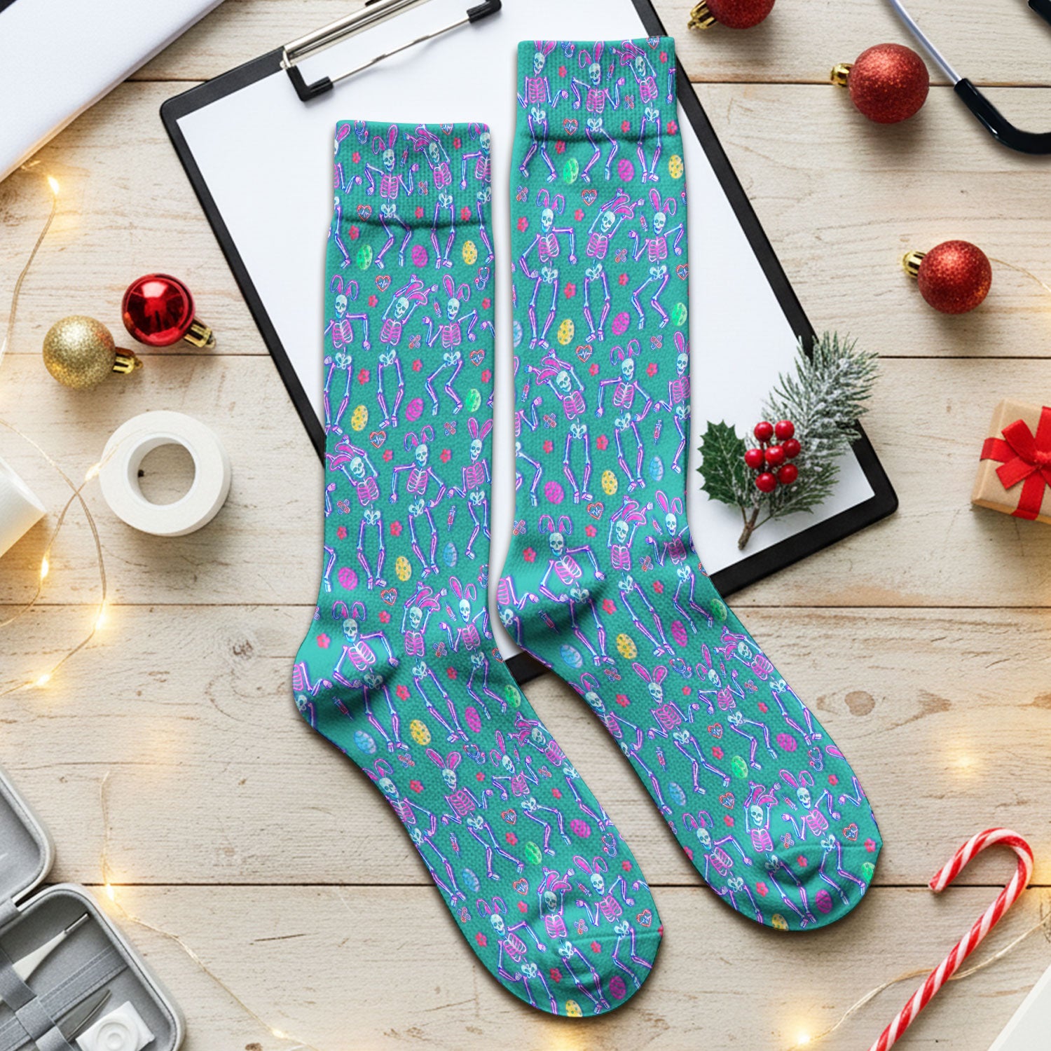 Neon Easter Skeleton Pattern Socks, Adult Socks for Men and Women