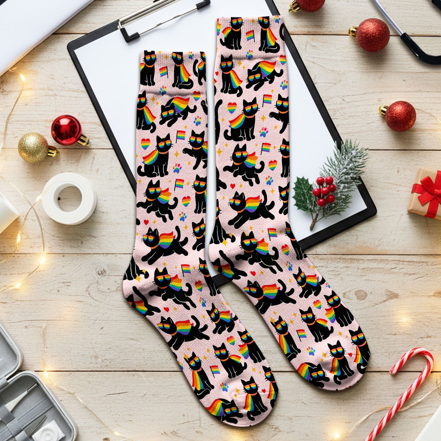 Rainbow Black Cat Pride Pattern Socks, Breathable Fabrics Medical Uniform