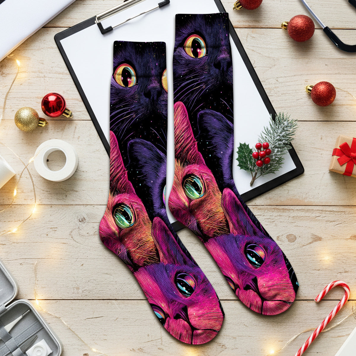 Colorful Neon Cat Faces Socks, Adult Socks for Men and Women