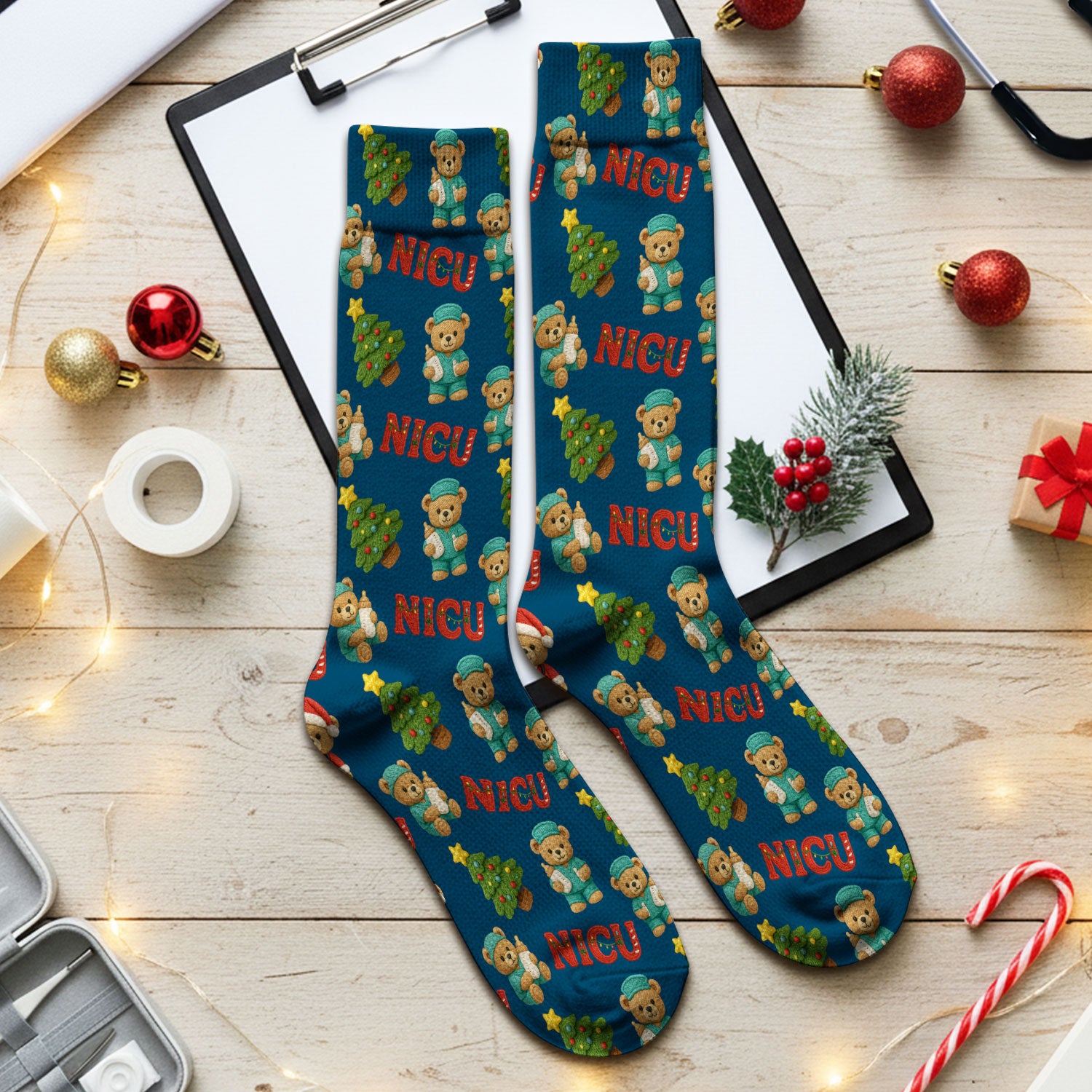 Festive Christmas NICU Nurse Teddy Bear Pattern Print Socks, Adult Socks for Men and Women