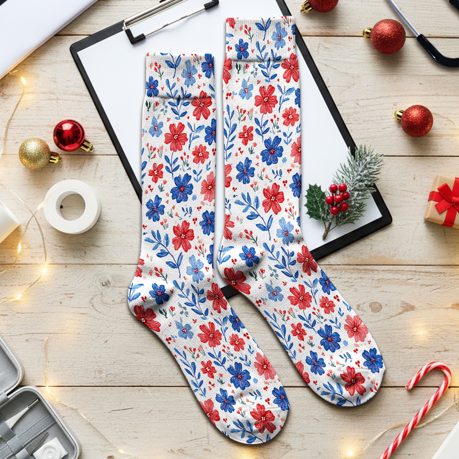 Patriotic Red White Blue Floral Print Socks, Adult Socks for Men and Women