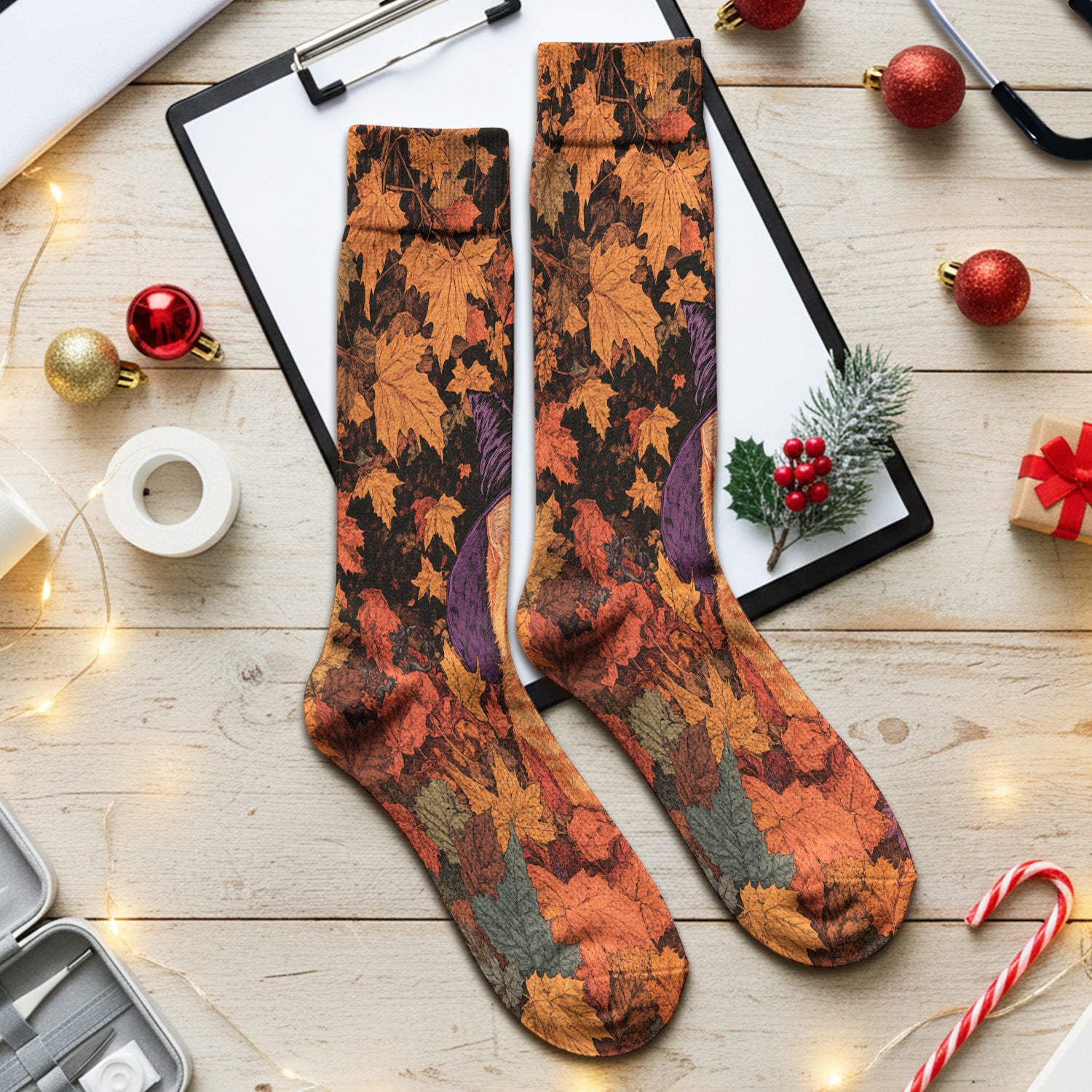 Autumn Cat with Fall Leaves Socks, Adult Socks for Men and Women